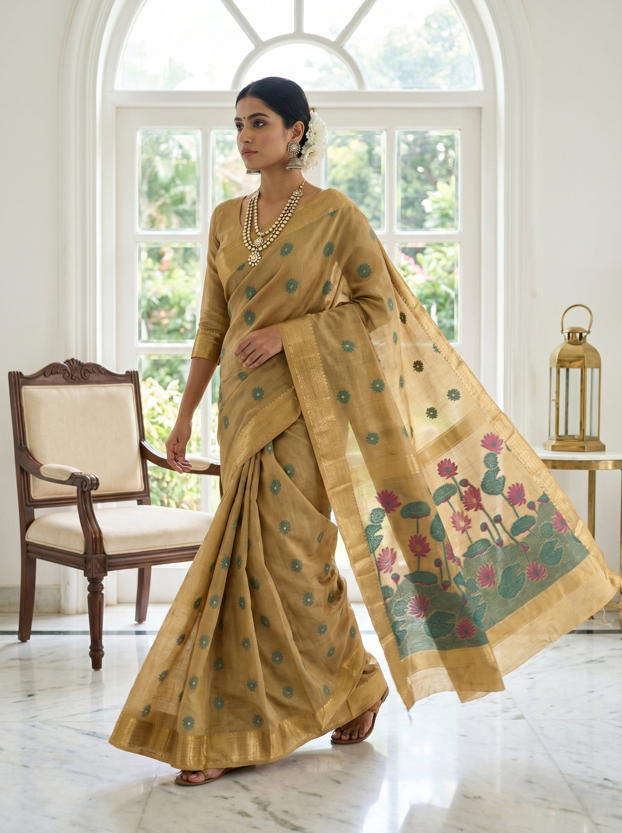 MIMOSA Chikoo Banarasi Art Silk Saree β pose 7 styling detail
