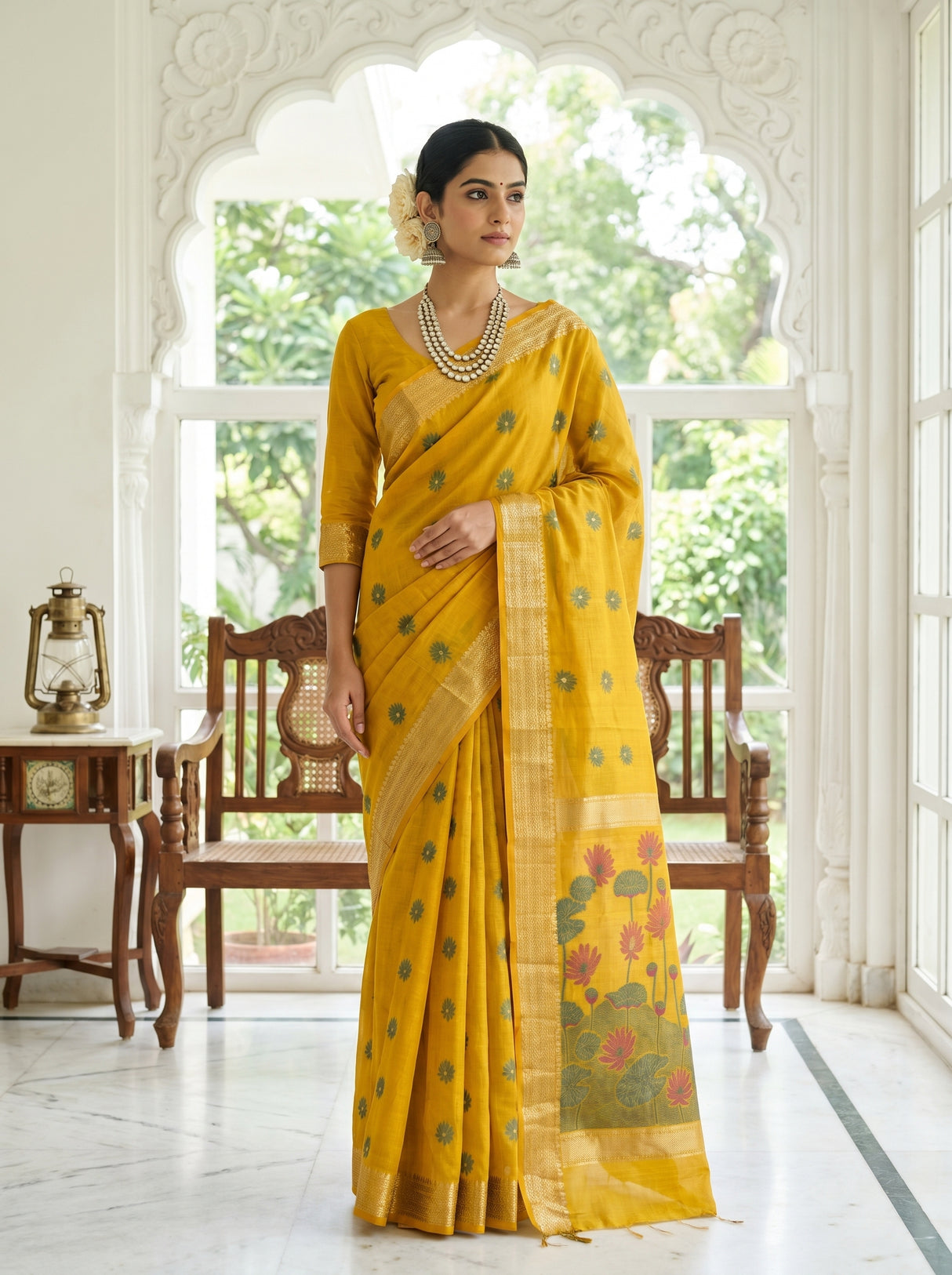 MIMOSA Gold Banarasi Art Silk Saree β pose 4 styling detail