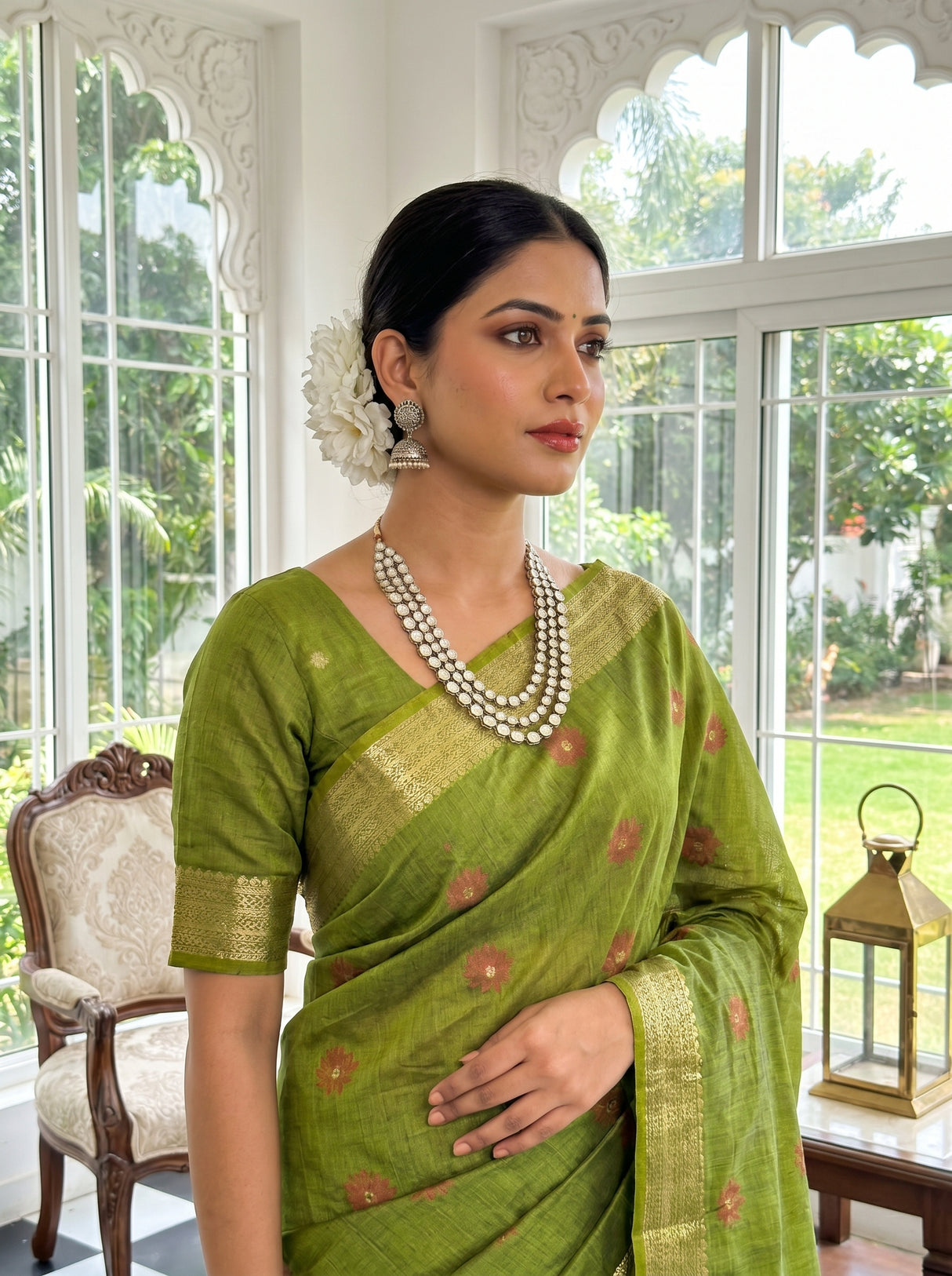 MIMOSA Olive Banarasi Art Silk Saree β pose 10 styling detail