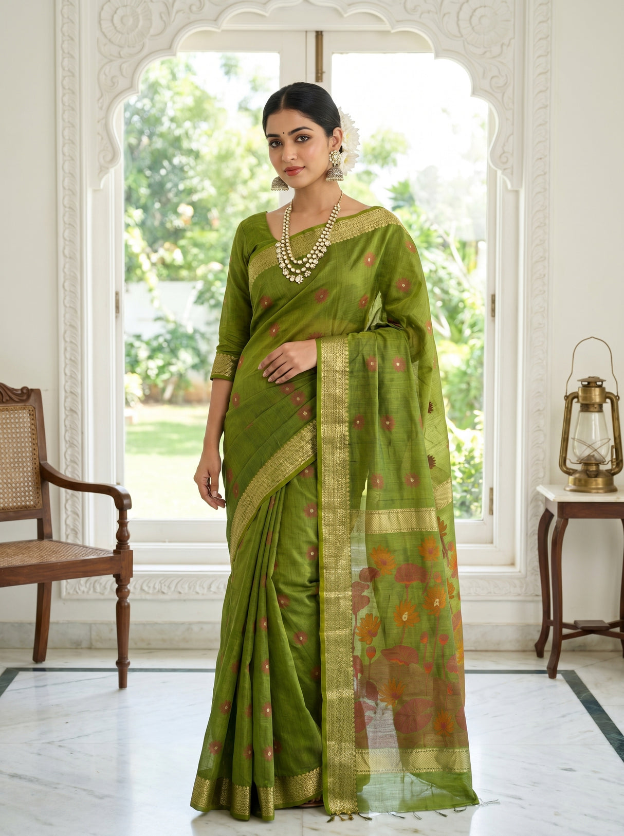 MIMOSA Olive Banarasi Art Silk Saree β pose 4 styling detail