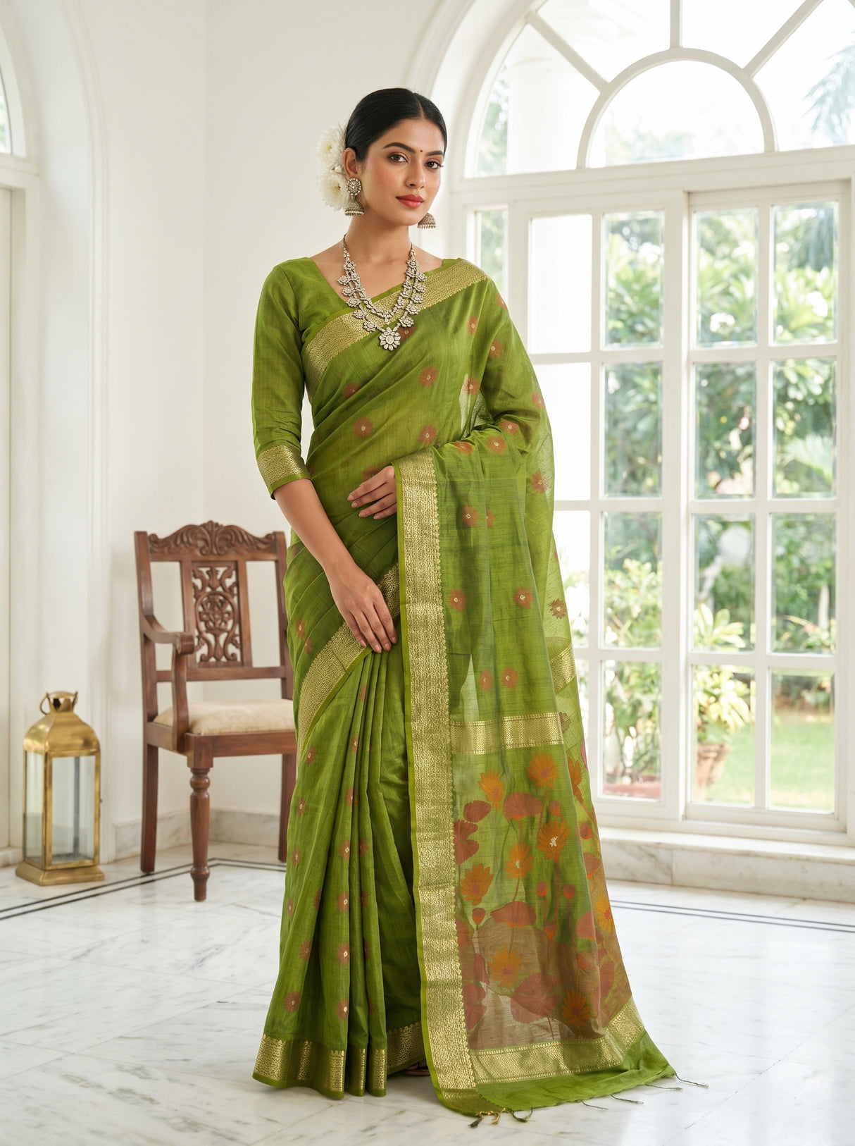 MIMOSA Olive Banarasi Art Silk Saree β pose 5 styling detail