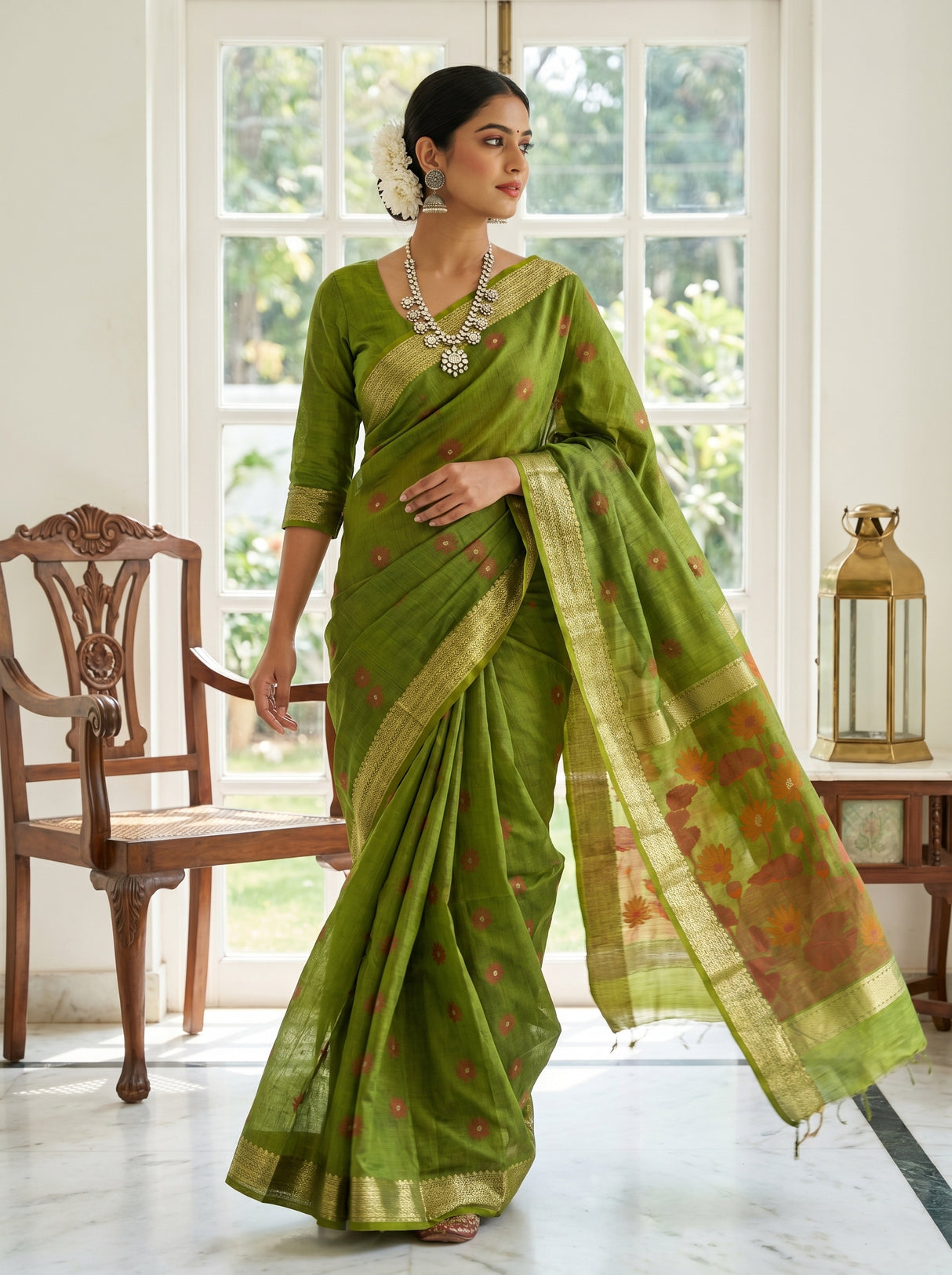 MIMOSA Olive Banarasi Art Silk Saree β pose 7 styling detail