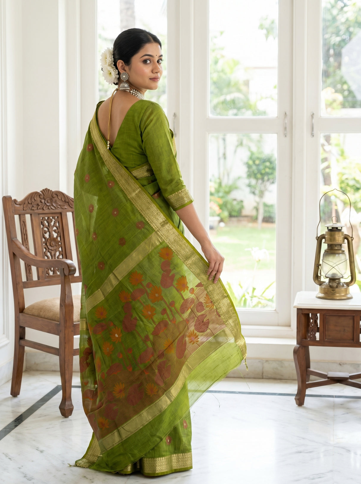 MIMOSA Olive Banarasi Art Silk Saree β pose 9 styling detail