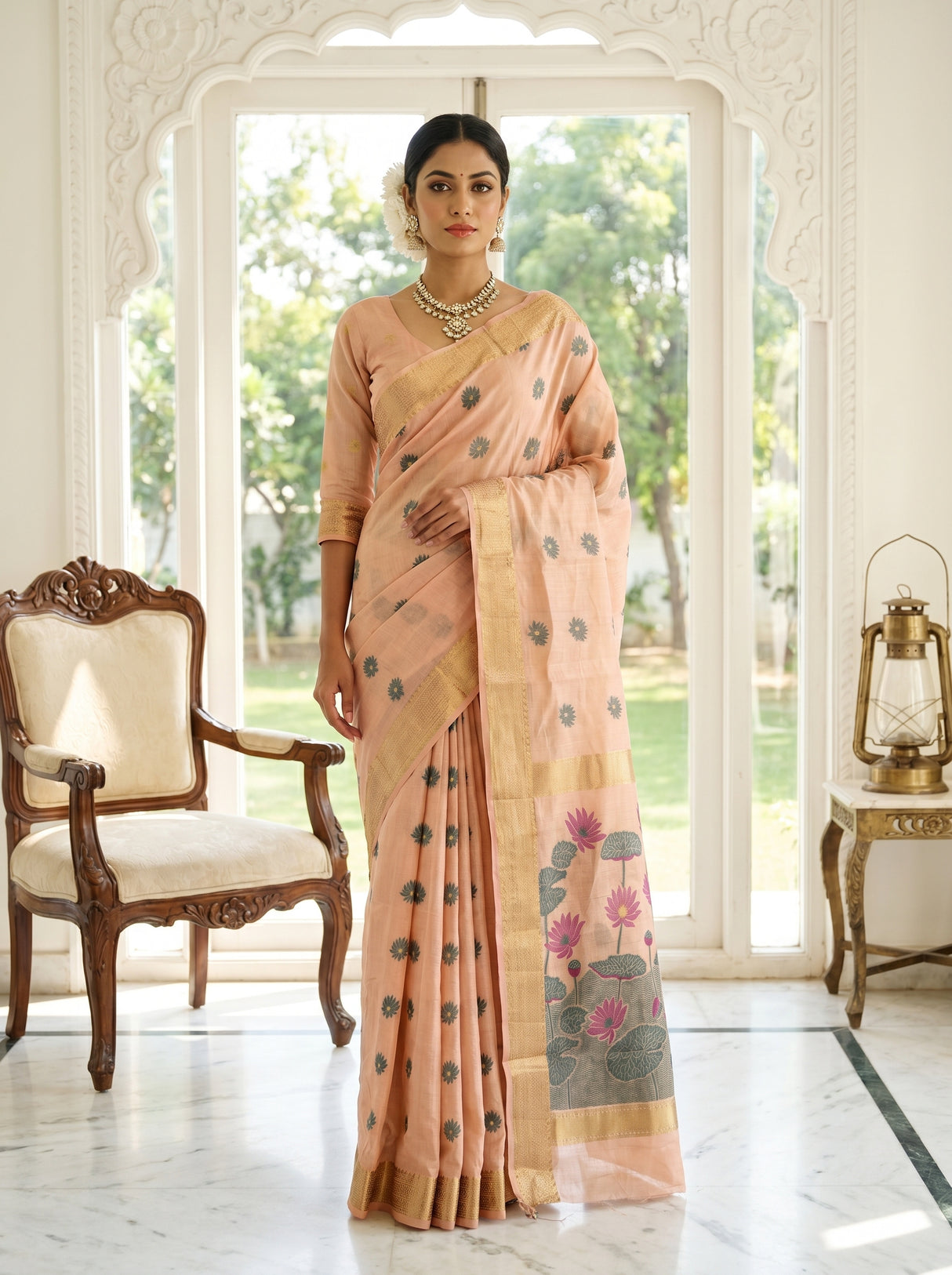 MIMOSA Peach Banarasi Art Silk Saree β Draped Mannequin View