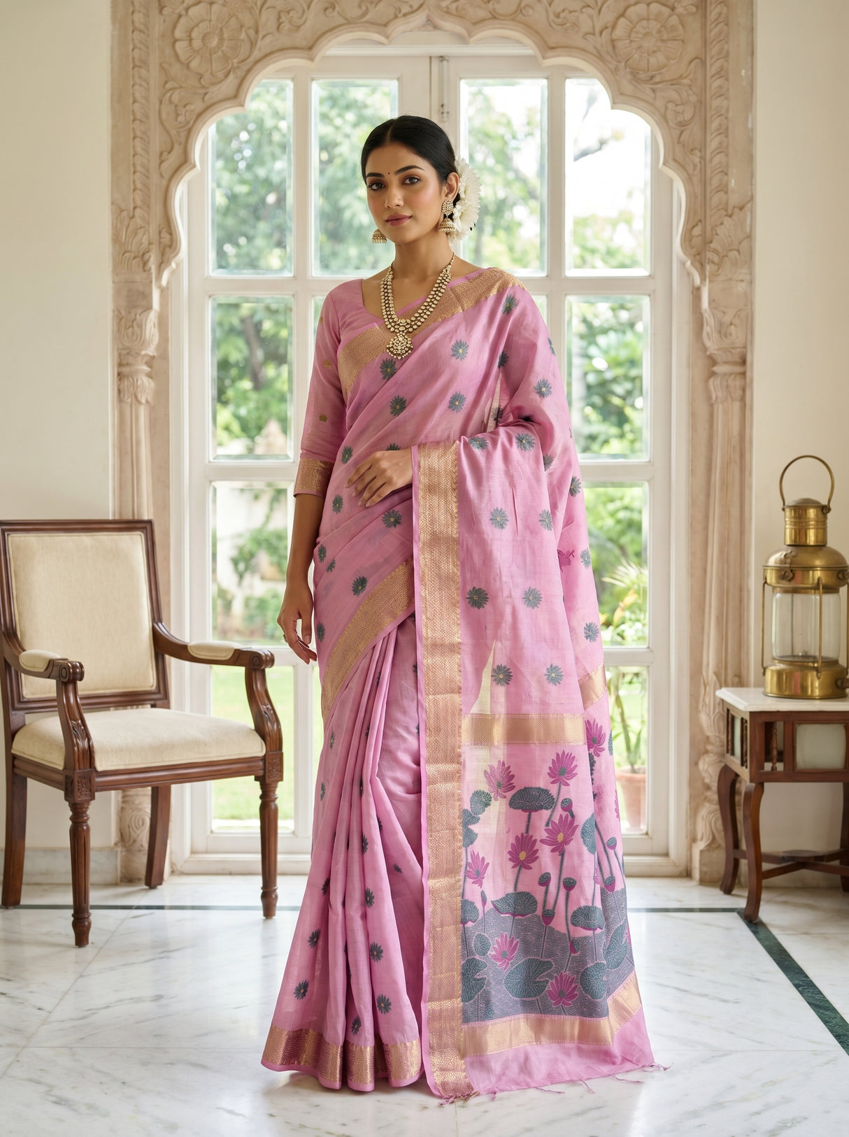 MIMOSA Pink Banarasi Art Silk Saree β pose 4 styling detail