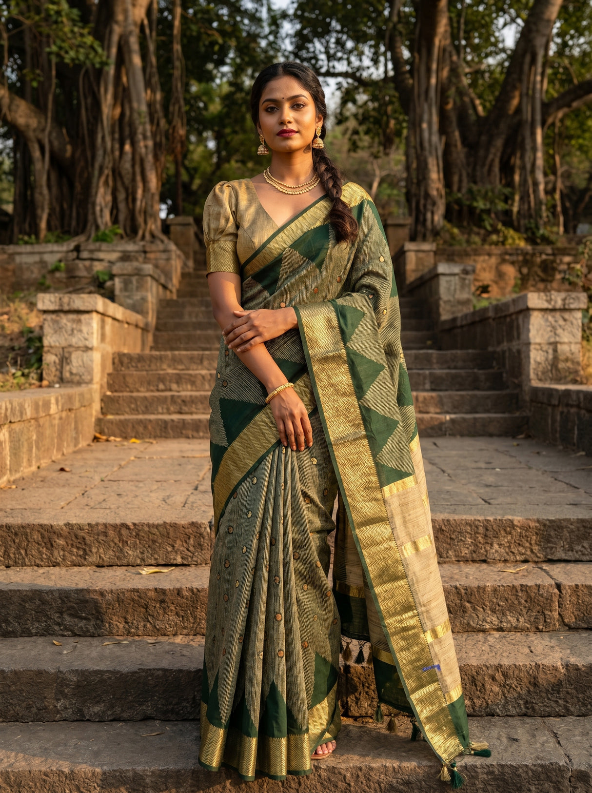 MIMOSA Green Banarasi Art Silk Saree β Lifestyle Pose on Stairs