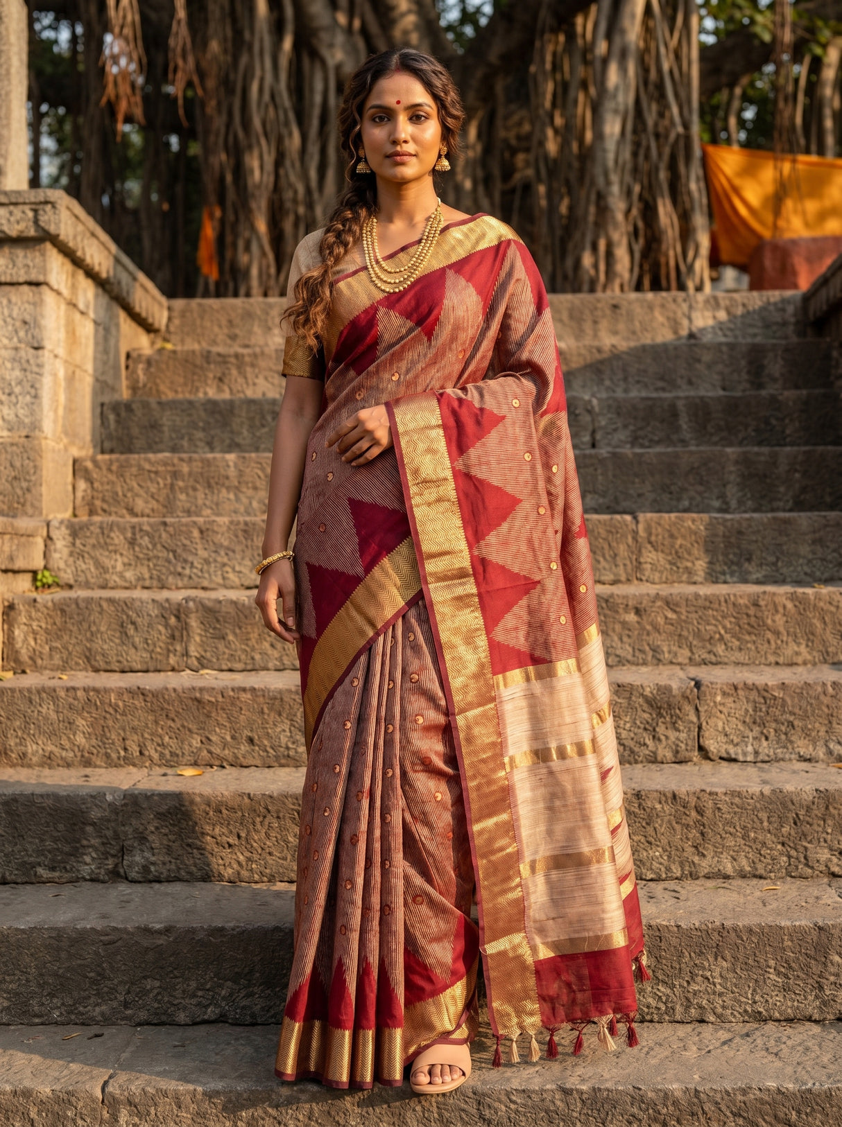 MIMOSA Maroon Banarasi Art Silk Saree β Mannequin Draped View