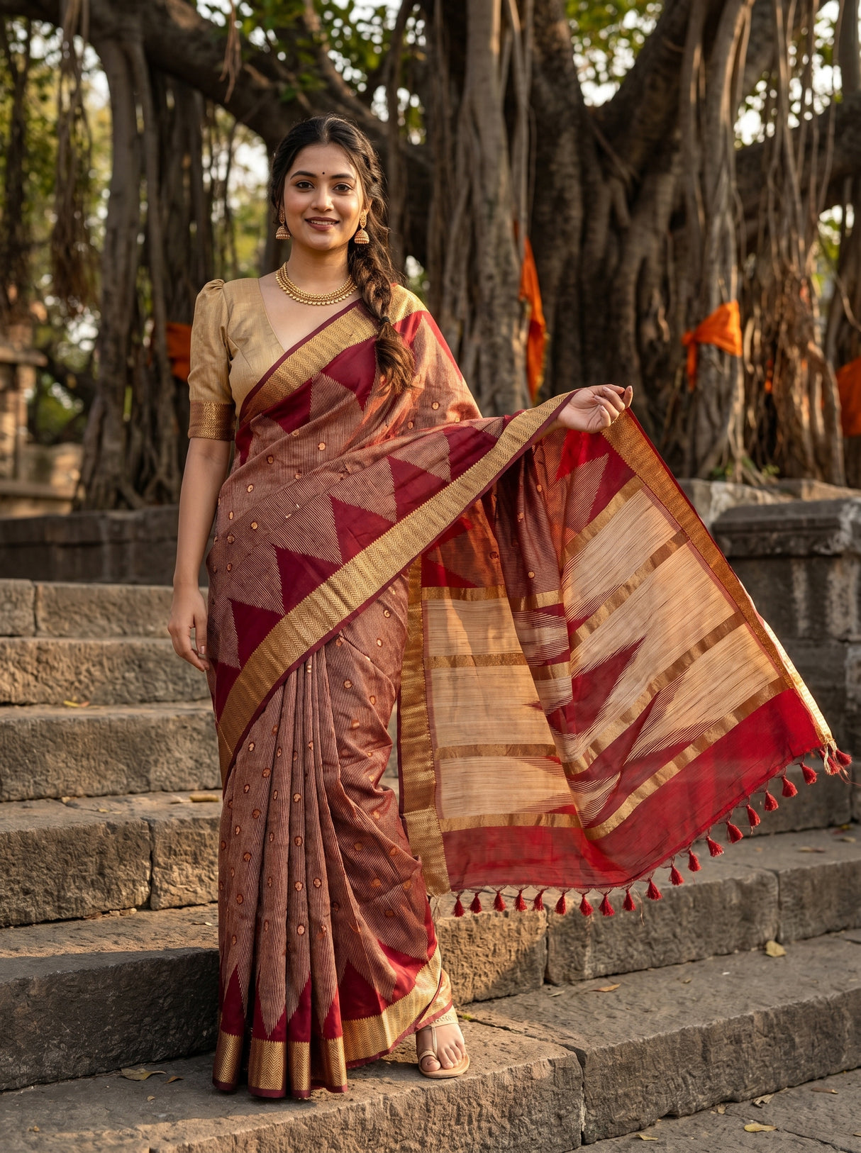 MIMOSA Maroon Banarasi Art Silk Saree β Lifestyle Pose on Stairs