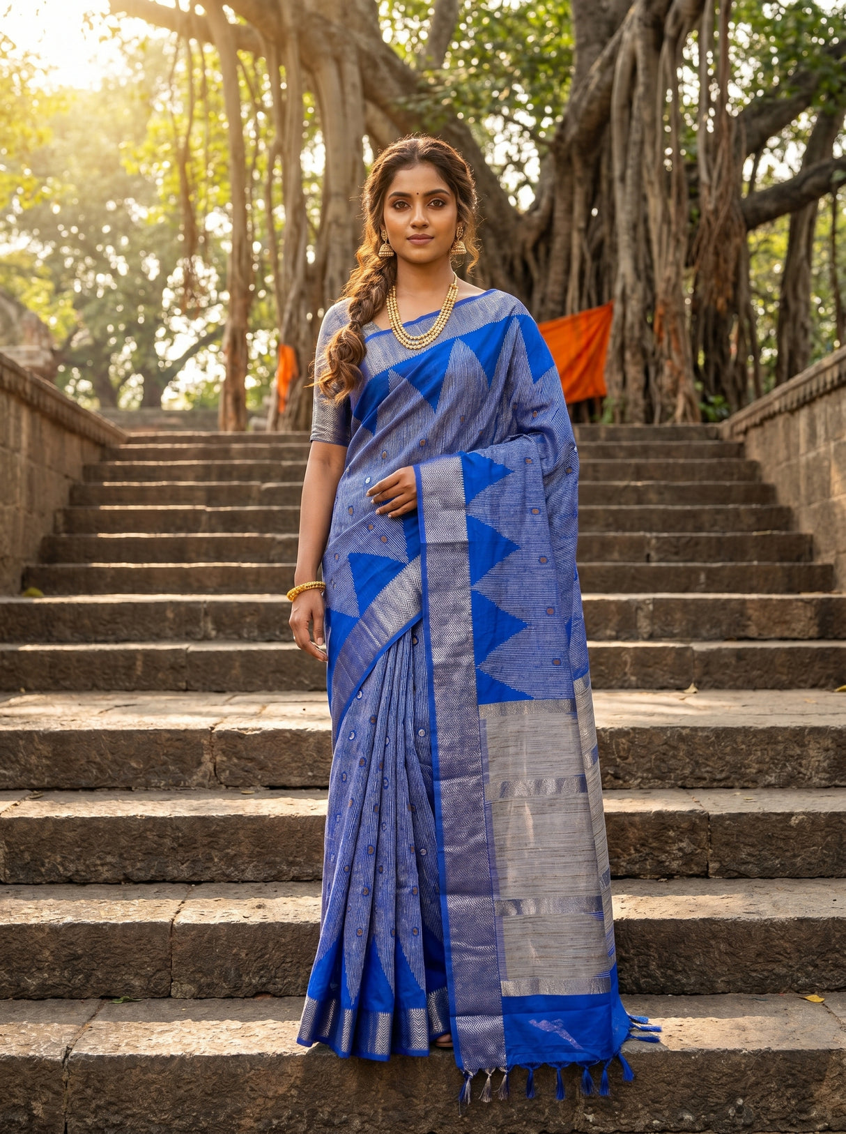 MIMOSA Royal Blue Banarasi Art Silk Saree β Mannequin Draped View