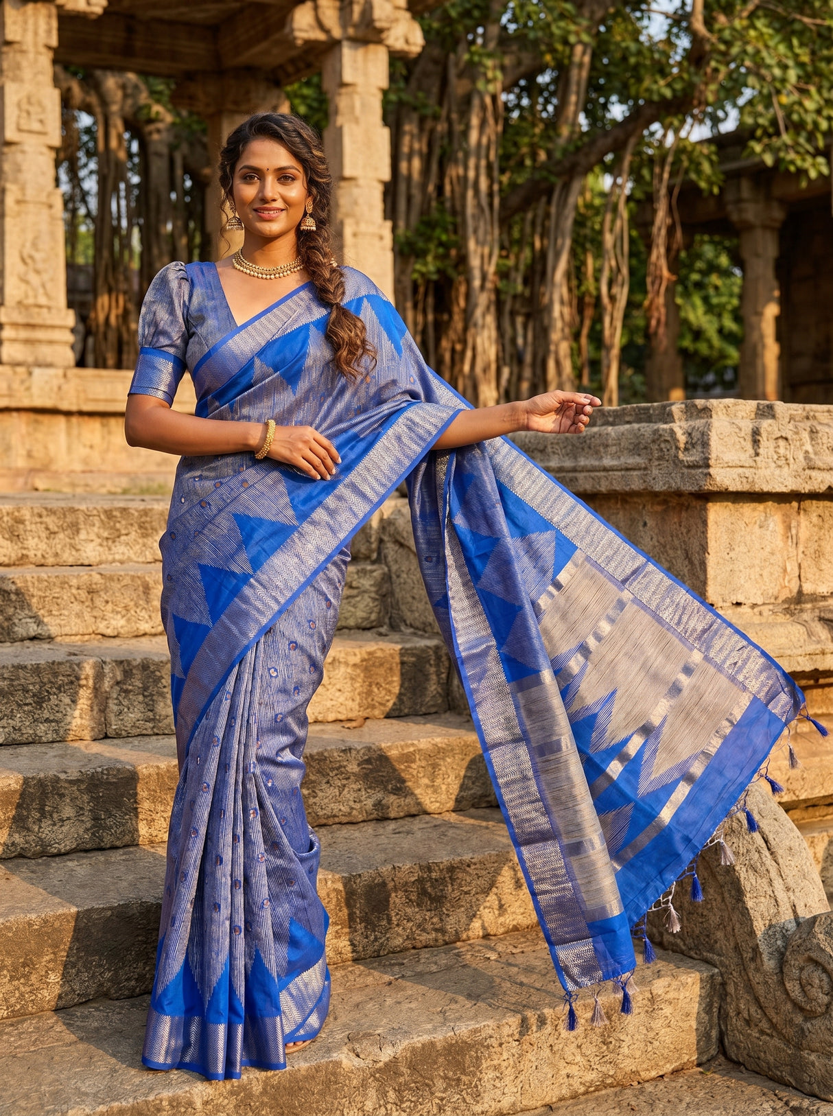 MIMOSA Royal Blue Banarasi Art Silk Saree β Lifestyle Pose on Stairs