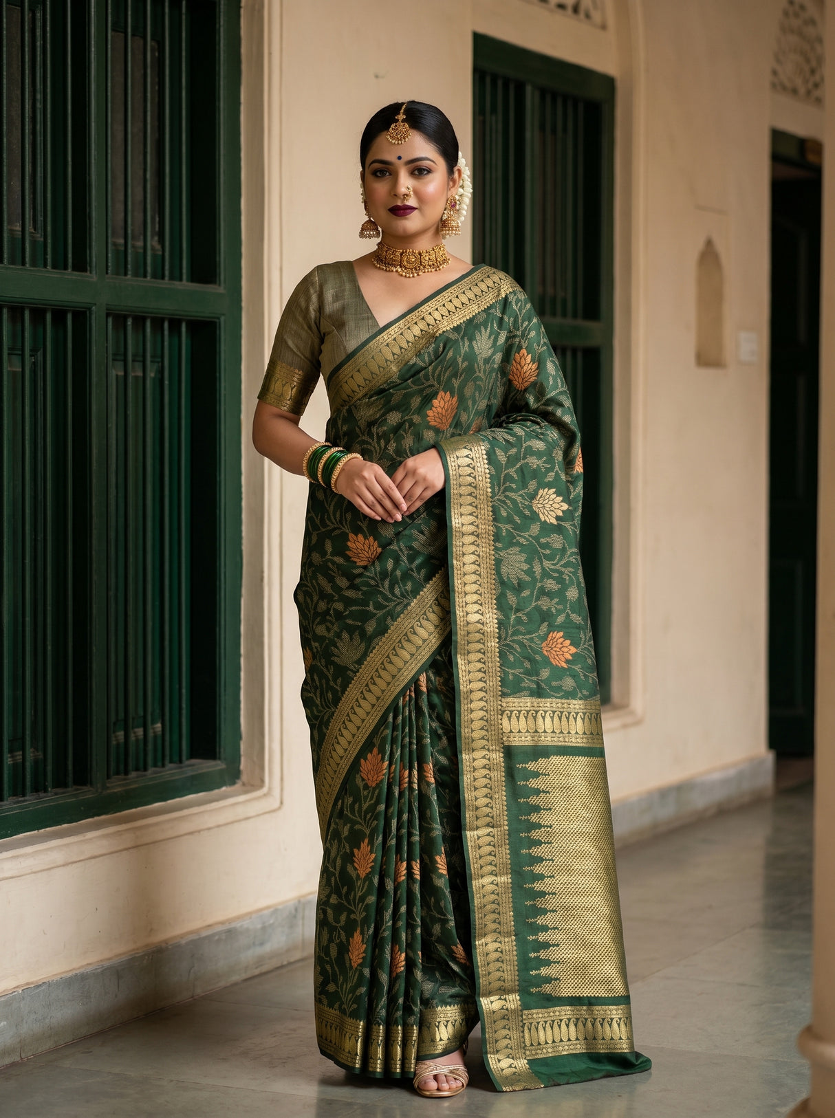 MIMOSA Green Banarasi Art Silk Saree β Draped Mannequin View