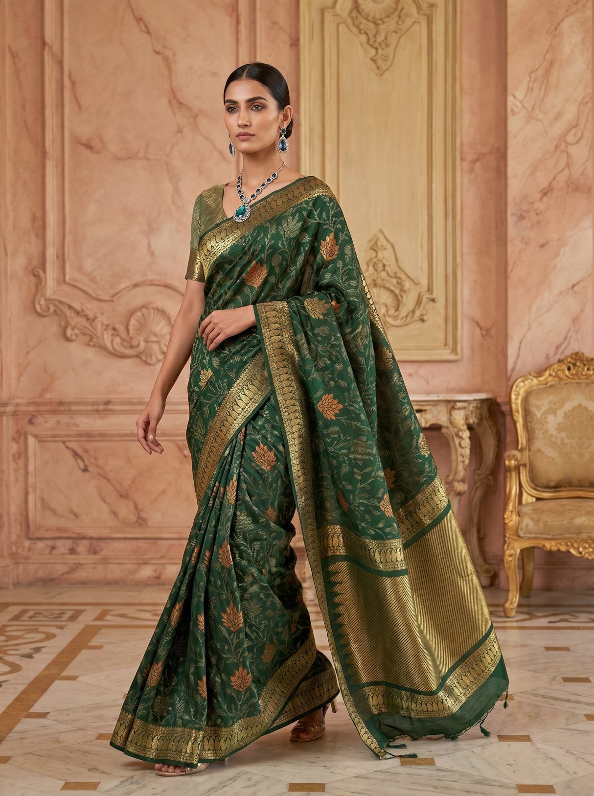 MIMOSA Green Banarasi Art Silk Saree β pose 7 styling detail