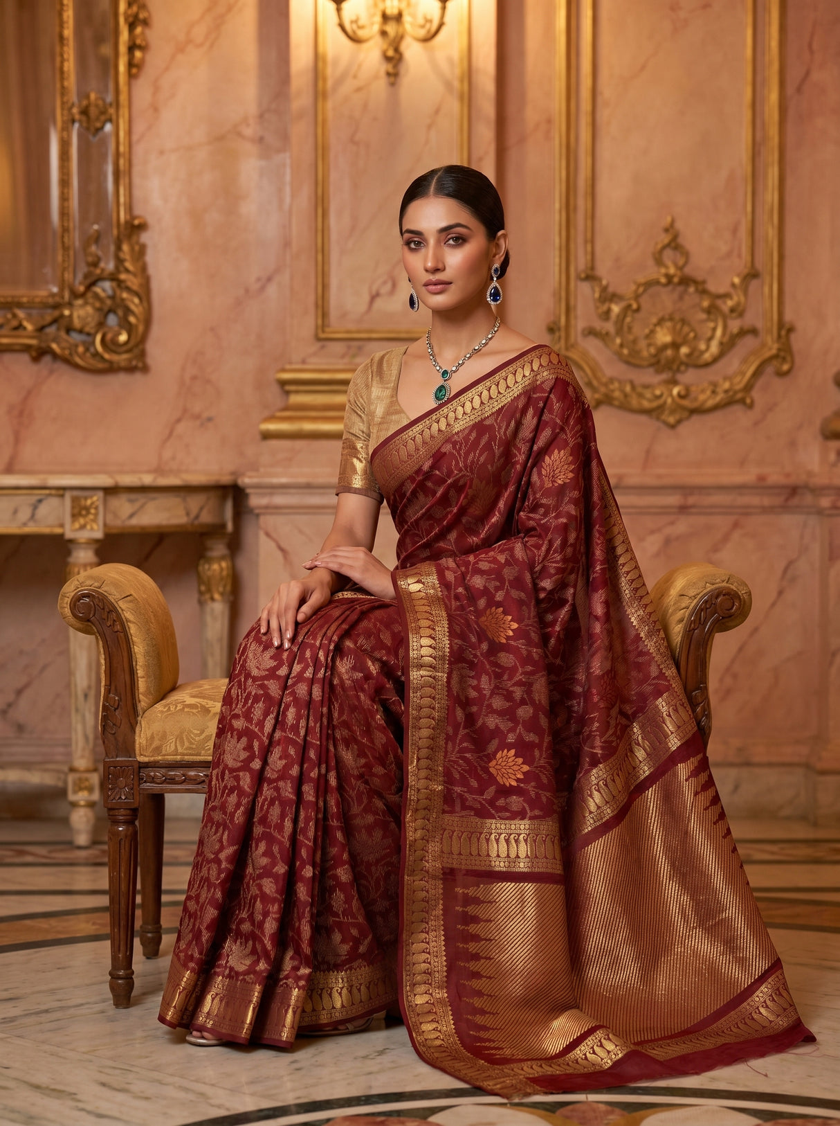 MIMOSA Maroon Banarasi Art Silk Saree β pose 8 styling detail