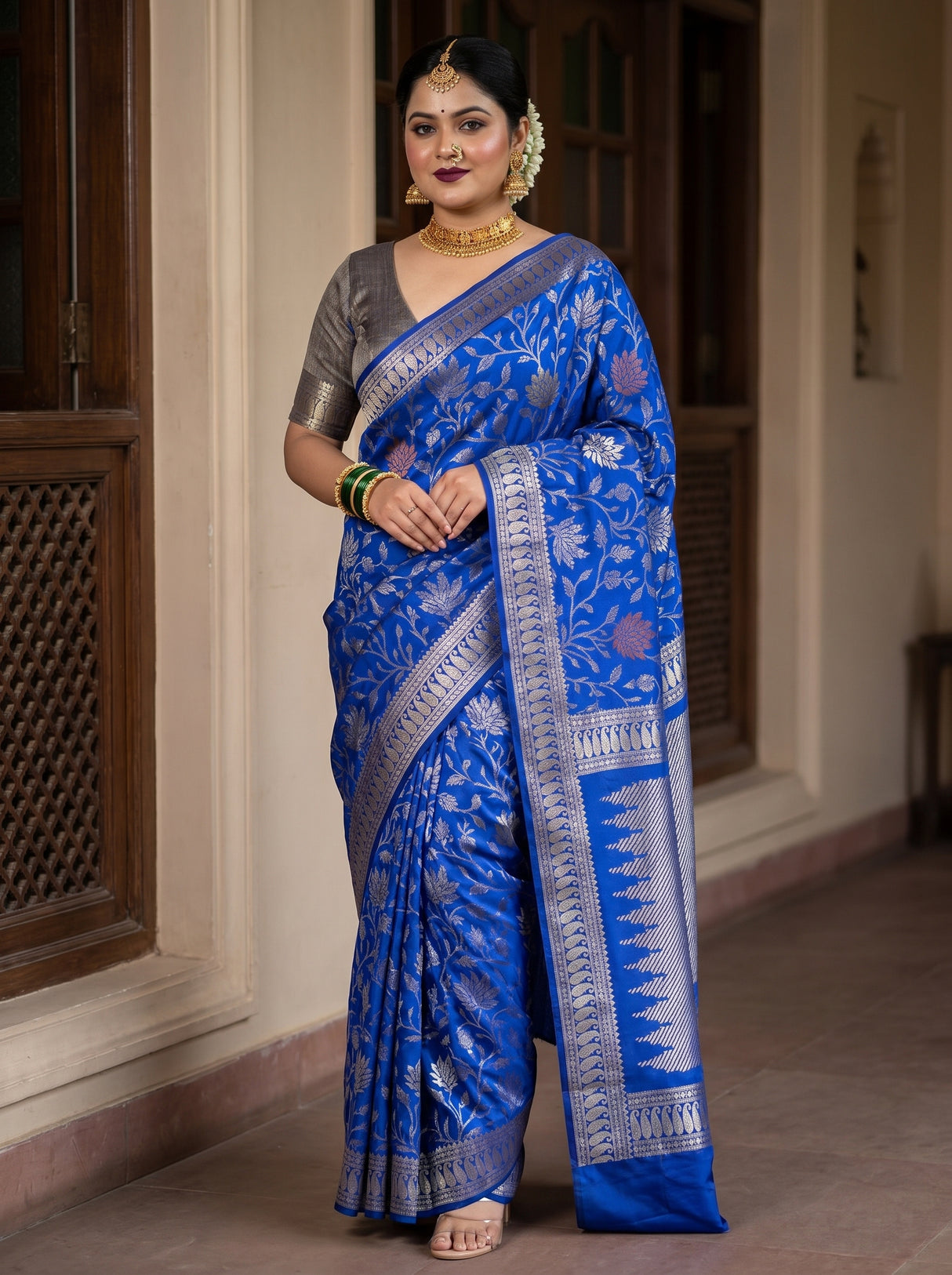MIMOSA Royal Blue Banarasi Art Silk Saree β Draped Mannequin View