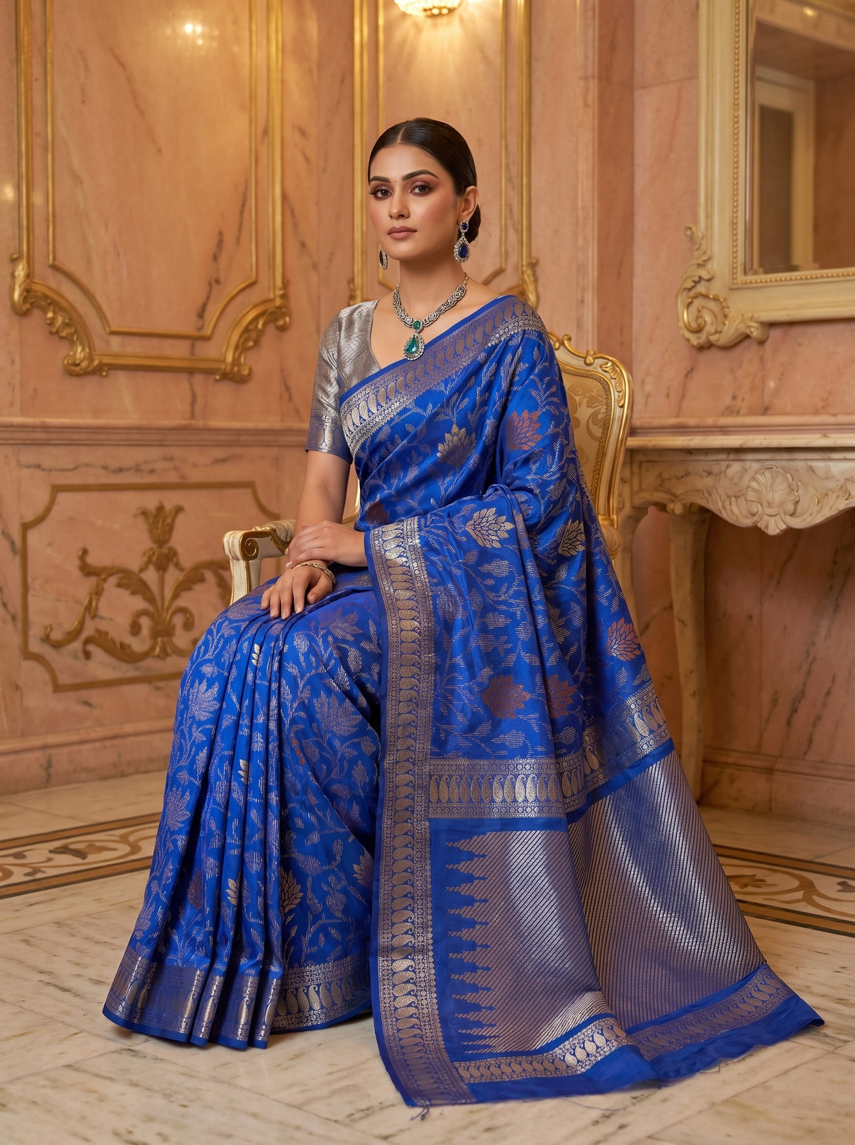 MIMOSA Royal Blue Banarasi Art Silk Saree β pose 8 styling detail