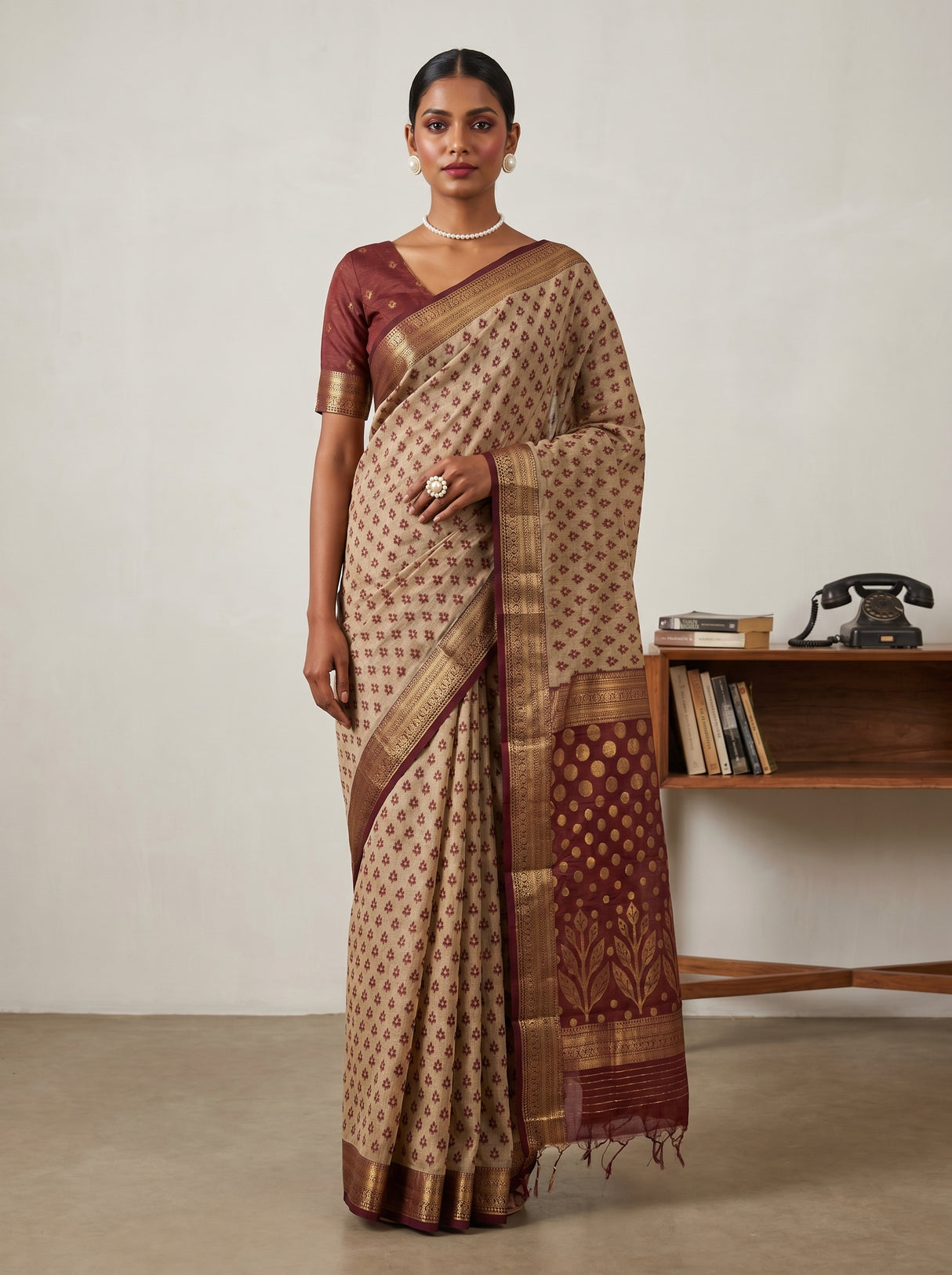 MIMOSA Maroon Banarasi Art Silk Saree β Draped on mannequin