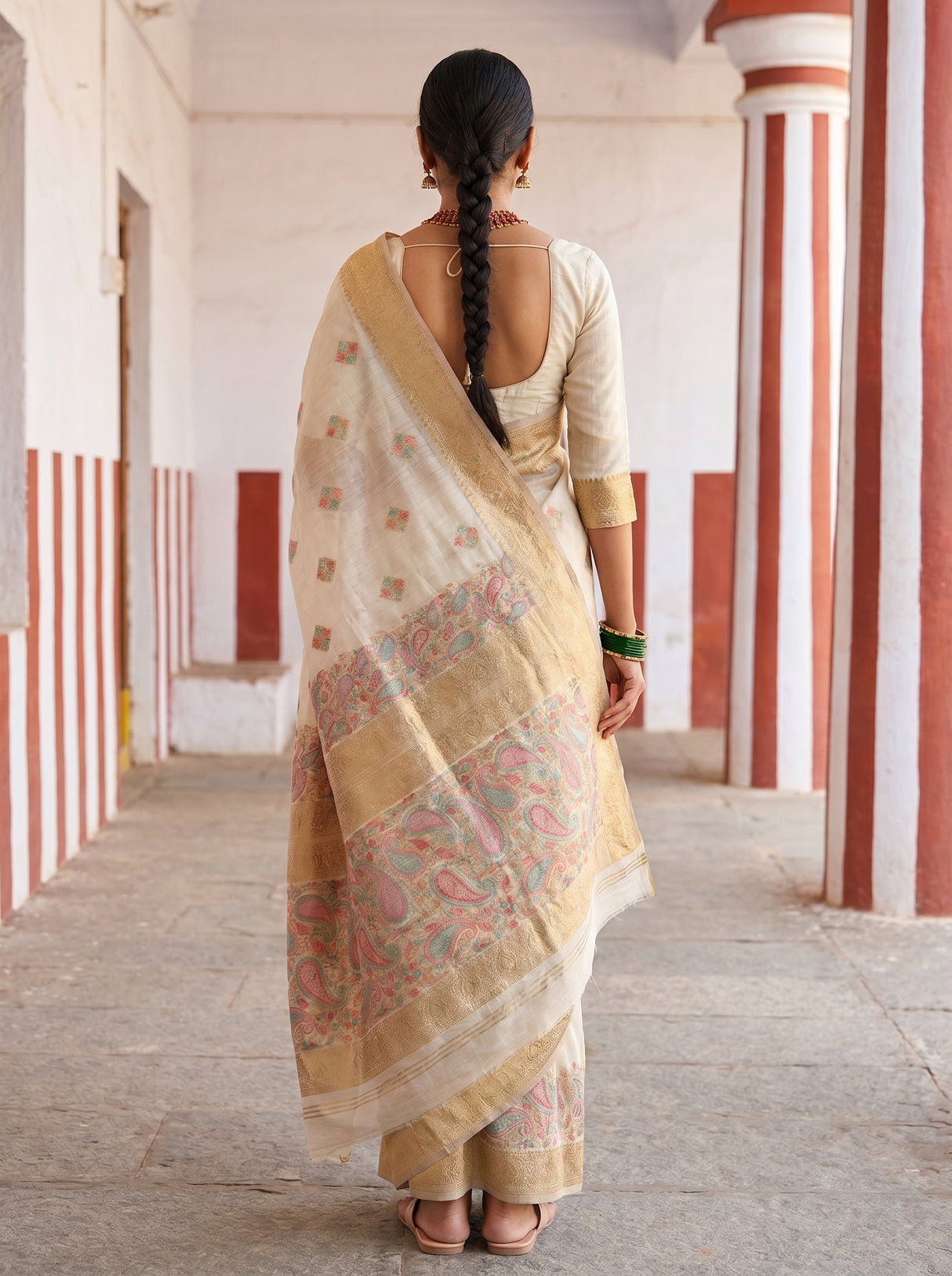 MIMOSA Half White Banarasi Linen Saree β Blouse fabric and border detail