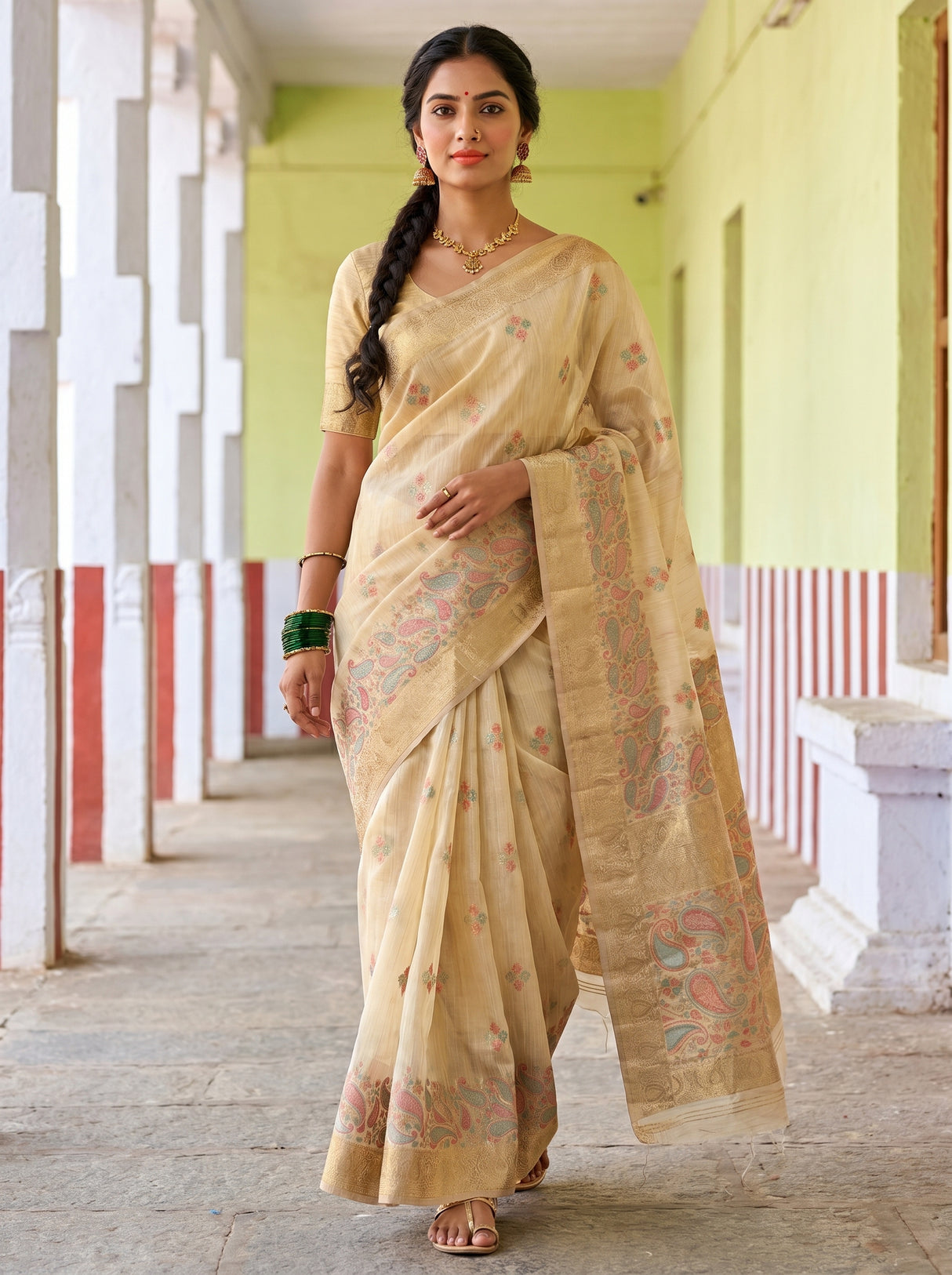 MIMOSA Mustard Banarasi Linen Saree β pose 7 styling detail