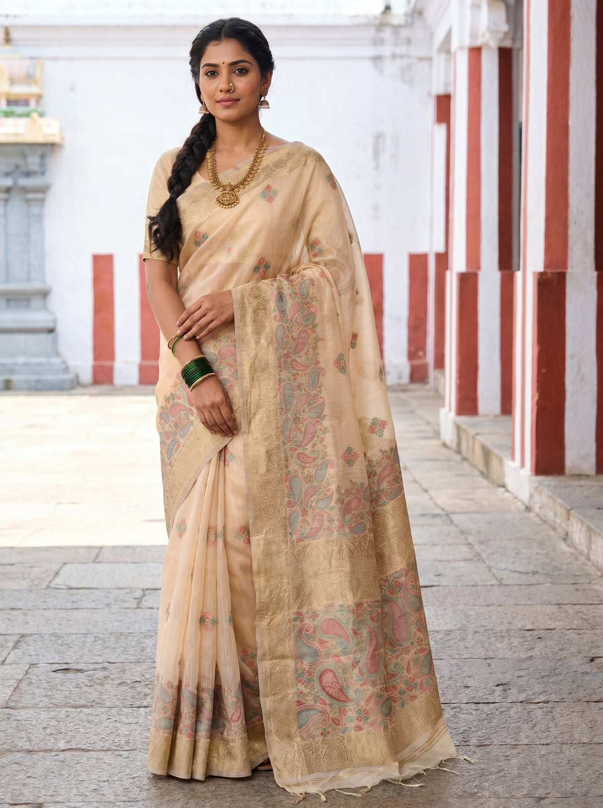 MIMOSA Peach Banarasi Linen Saree β Full view on mannequin