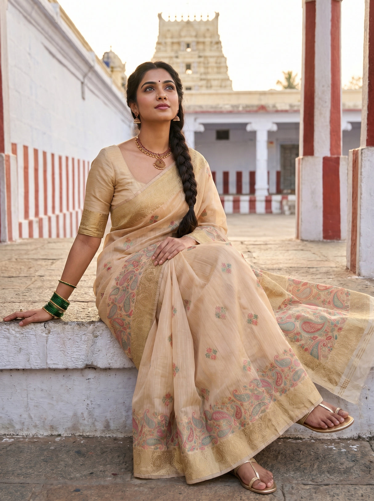 MIMOSA Peach Banarasi Linen Saree β pose 8 styling detail