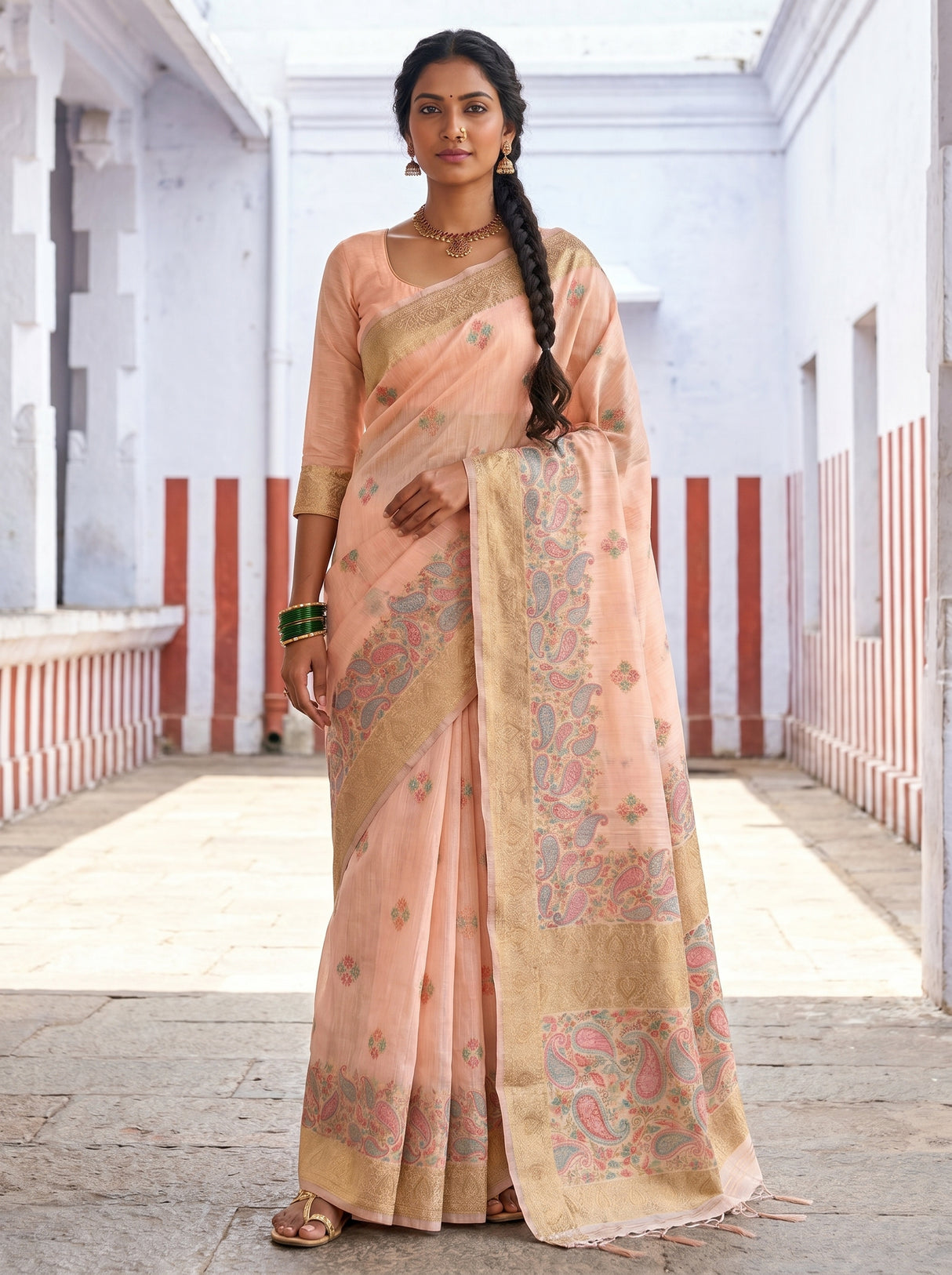 MIMOSA Pink Banarasi Linen Saree β Full view on mannequin