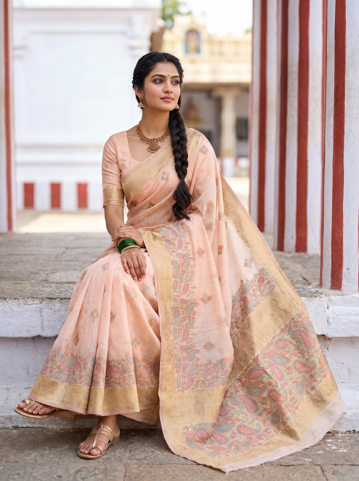 MIMOSA Pink Banarasi Linen Saree β pose 8 styling detail