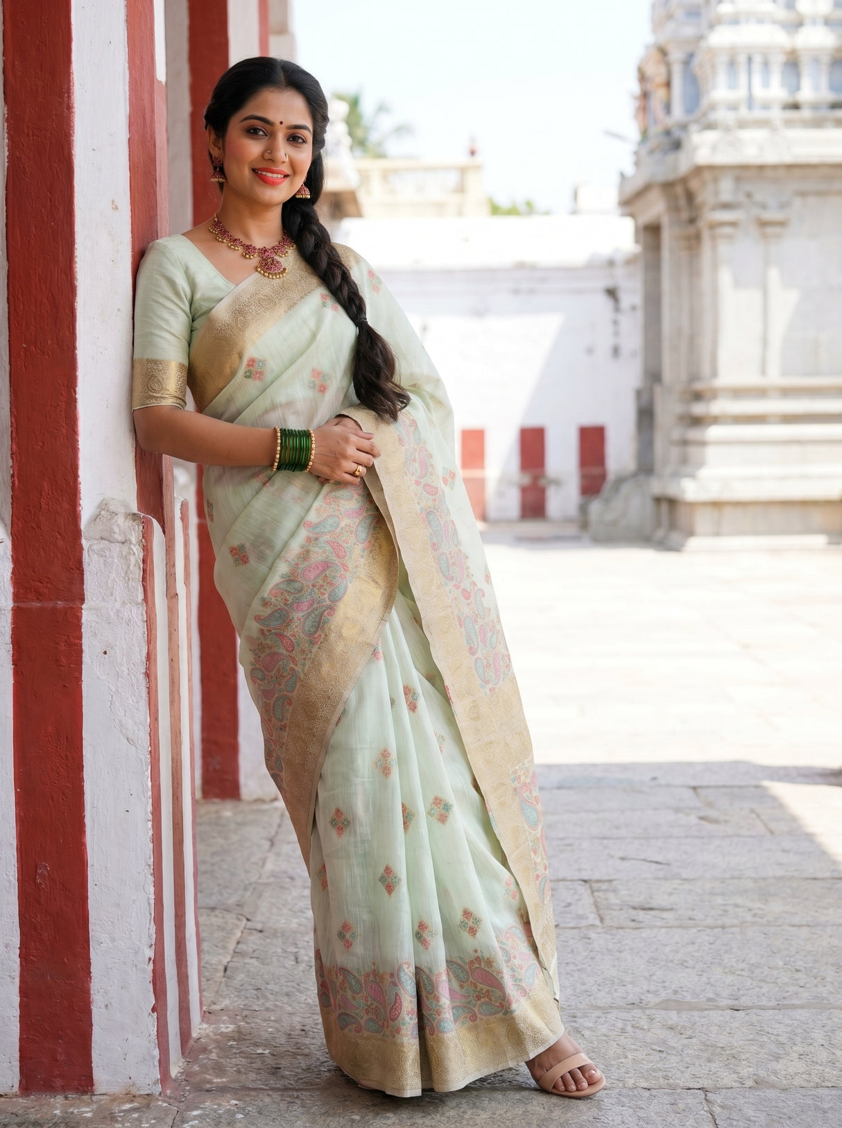 MIMOSA Rama Banarasi Linen Saree β pose 4 styling detail
