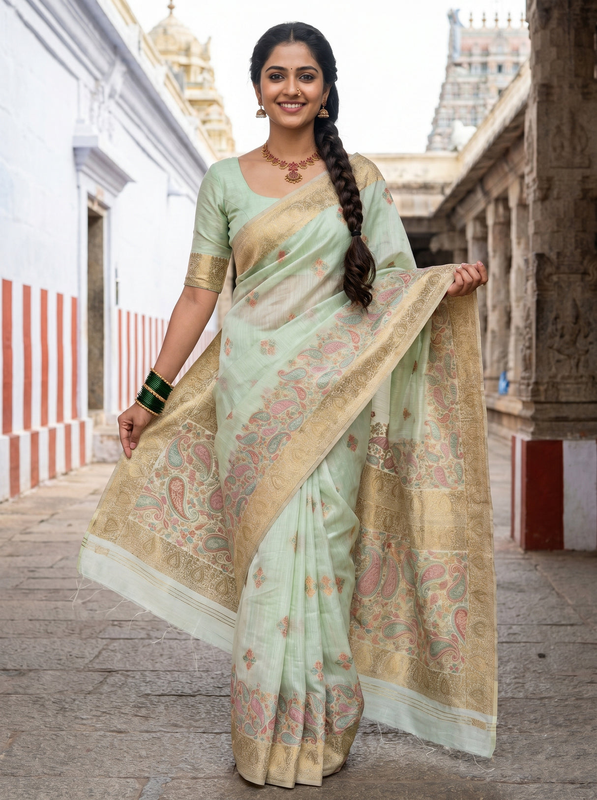 MIMOSA Rama Banarasi Linen Saree β pose 6 styling detail