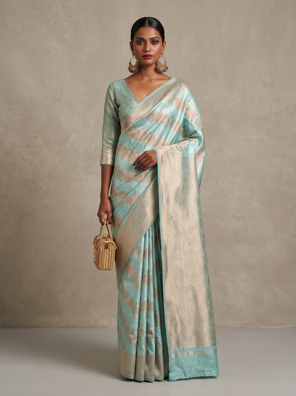 MIMOSA Ananda Kanjivaram Art Silk Saree β Close Up of Face and Earrings