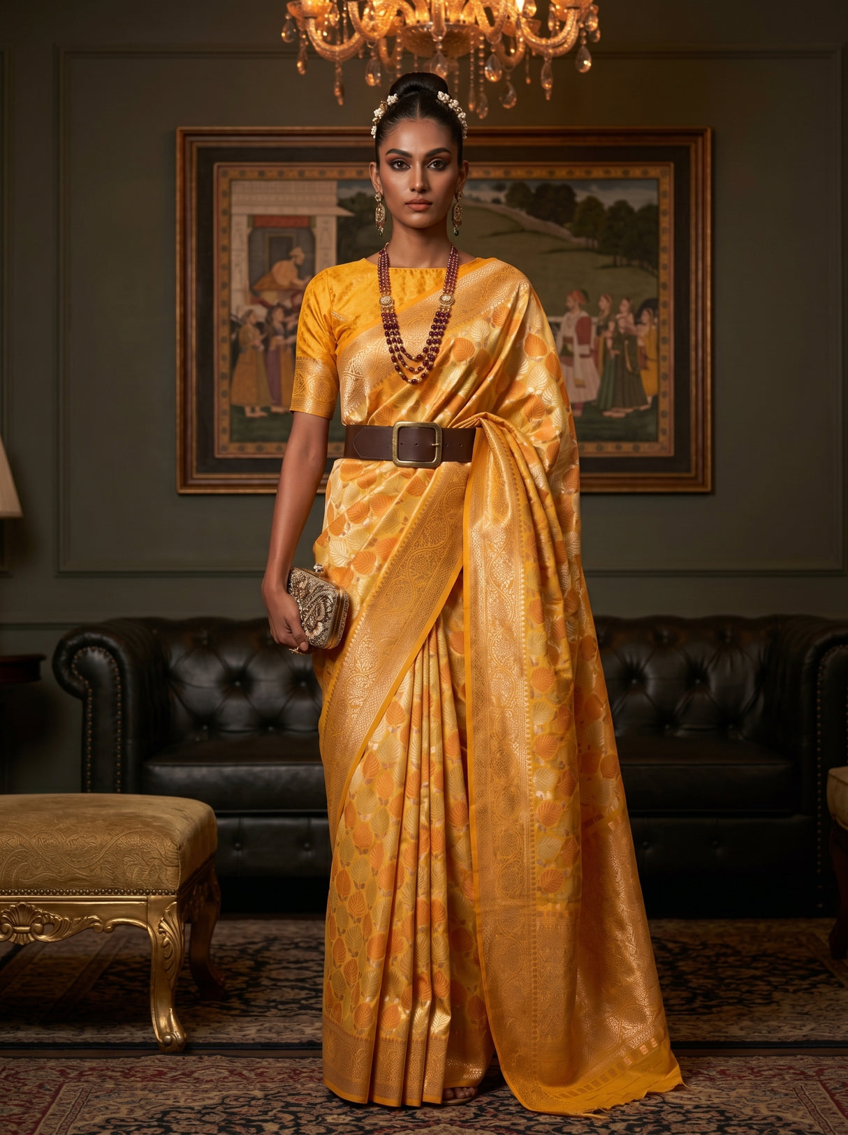 MIMOSA Mustard Kanjivaram Art Silk Saree β Close Up of Body and Clutch Bag