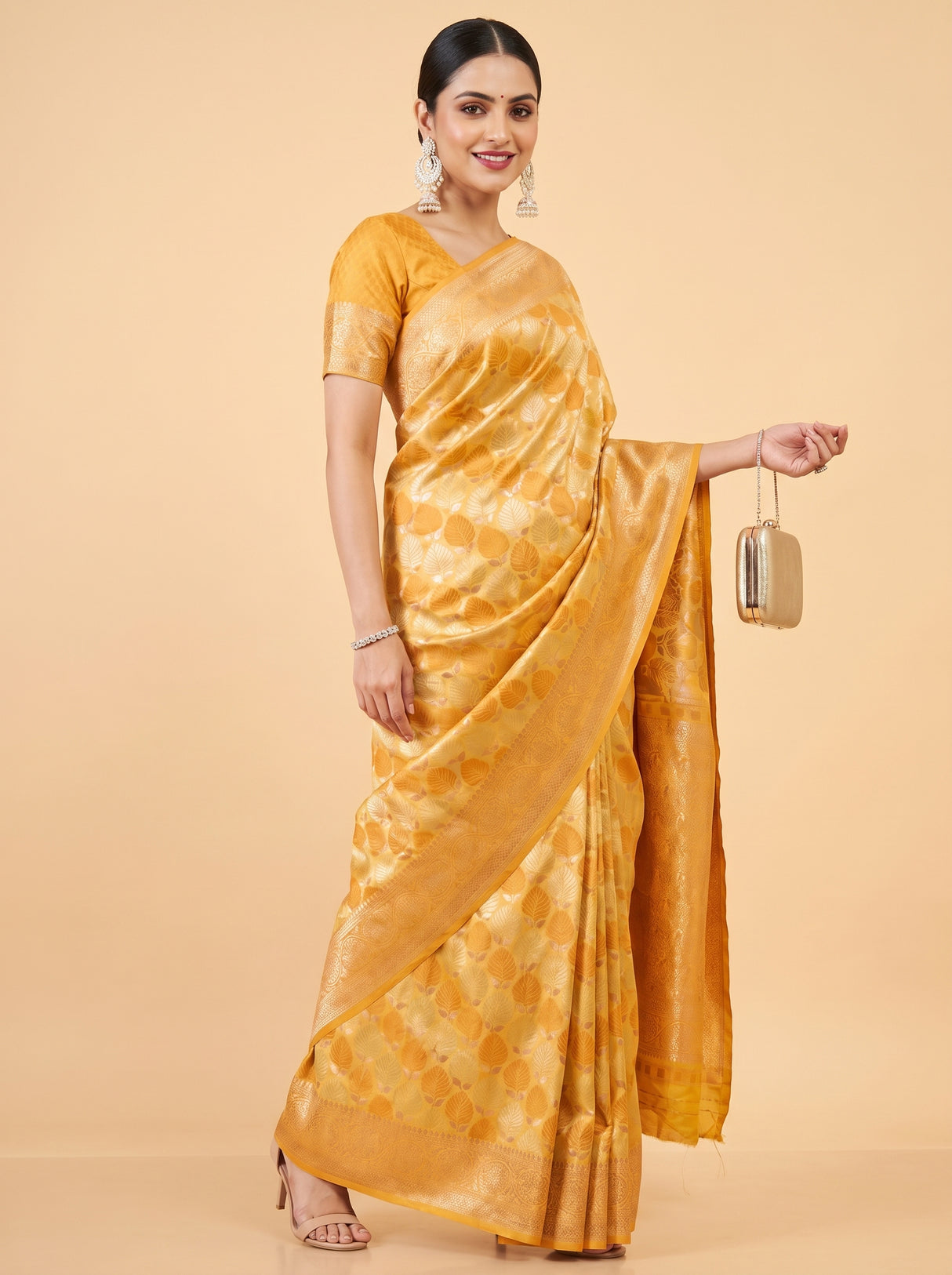 MIMOSA Mustard Kanjivaram Art Silk Saree β Lower Body and Draping Detail