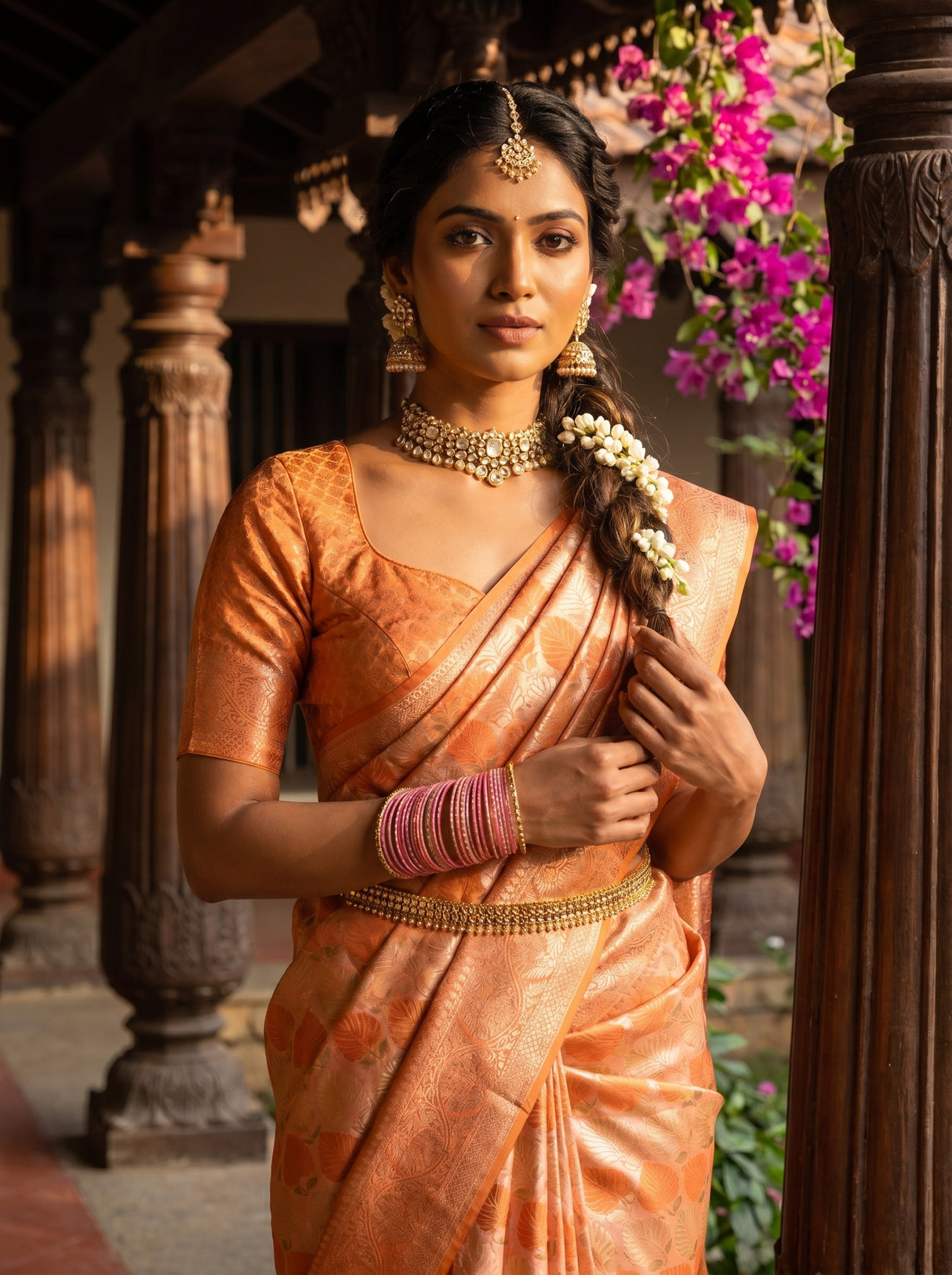 MIMOSA Orange Kanjivaram Art Silk Saree β pose 10 styling detail
