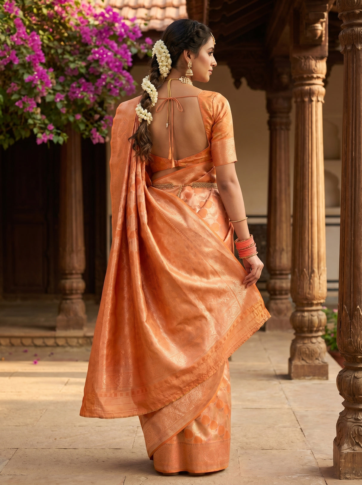 MIMOSA Orange Kanjivaram Art Silk Saree β Close Up of Face and Earrings