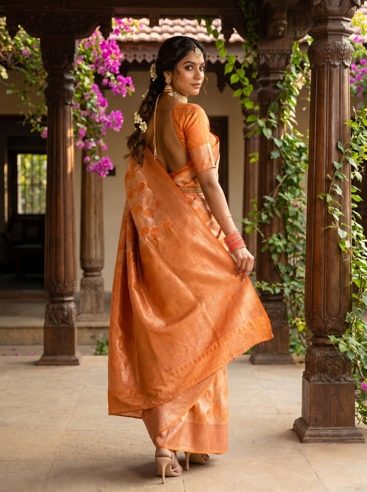 MIMOSA Orange Kanjivaram Art Silk Saree β pose 9 styling detail