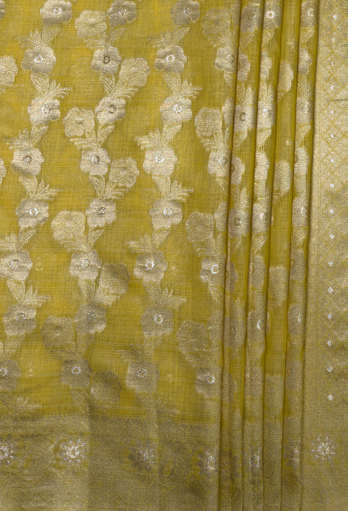 MIMOSA Gold Banarasi Linen Saree β fleets shot full lifestyle