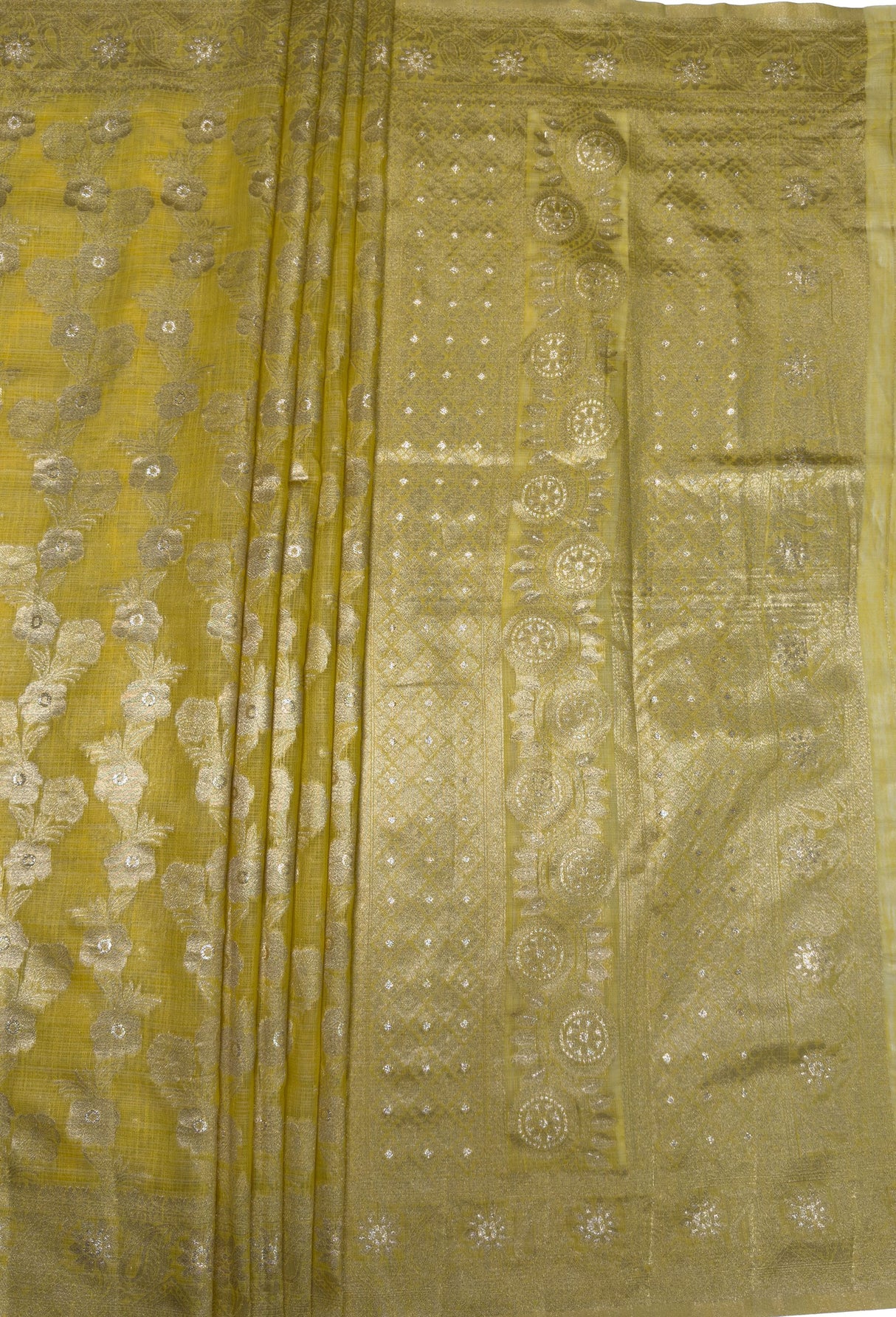 MIMOSA Gold Banarasi Linen Saree β pallu and zari work detail