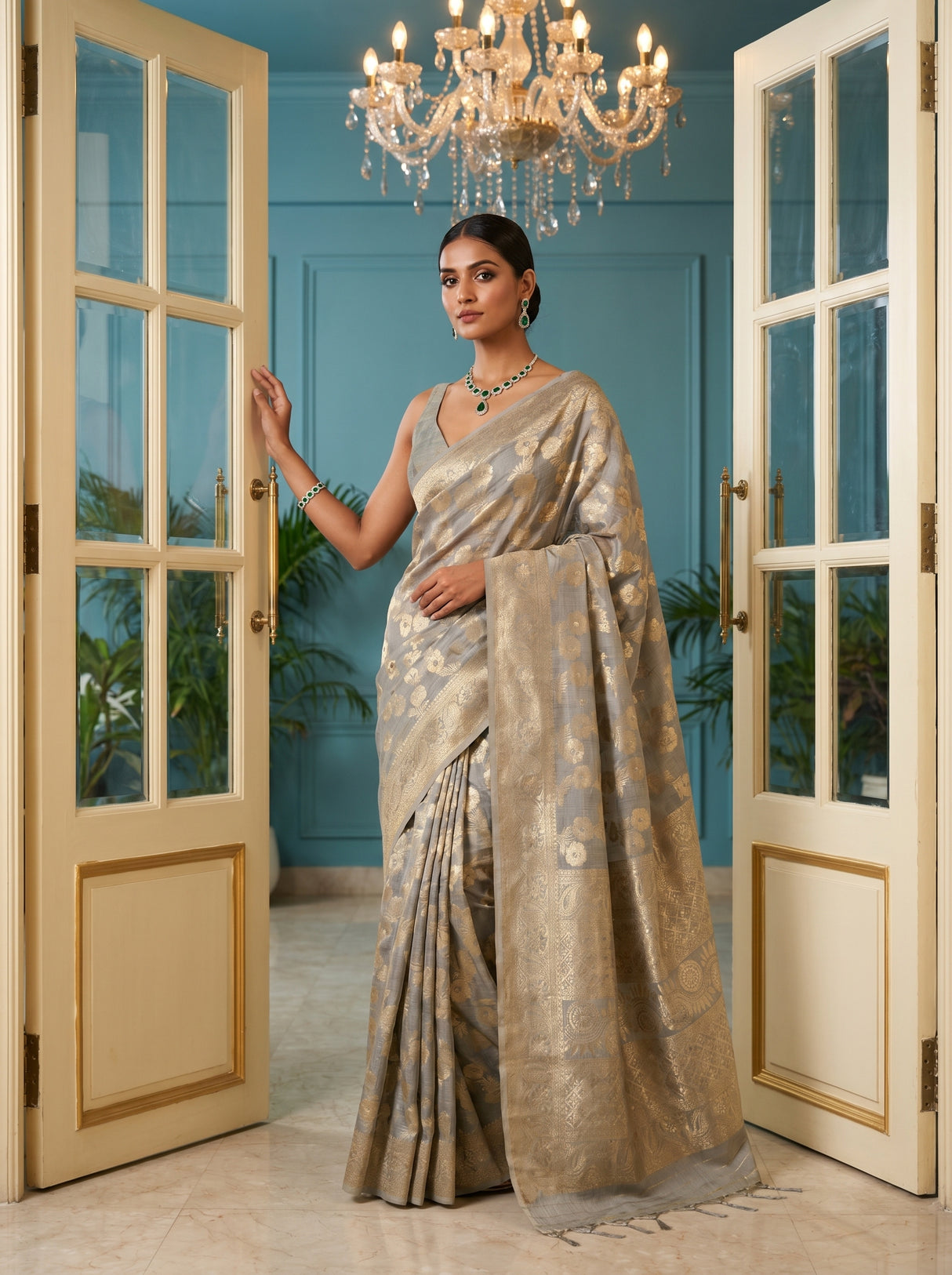 MIMOSA Grey Banarasi Linen Saree β pose 4 styling detail