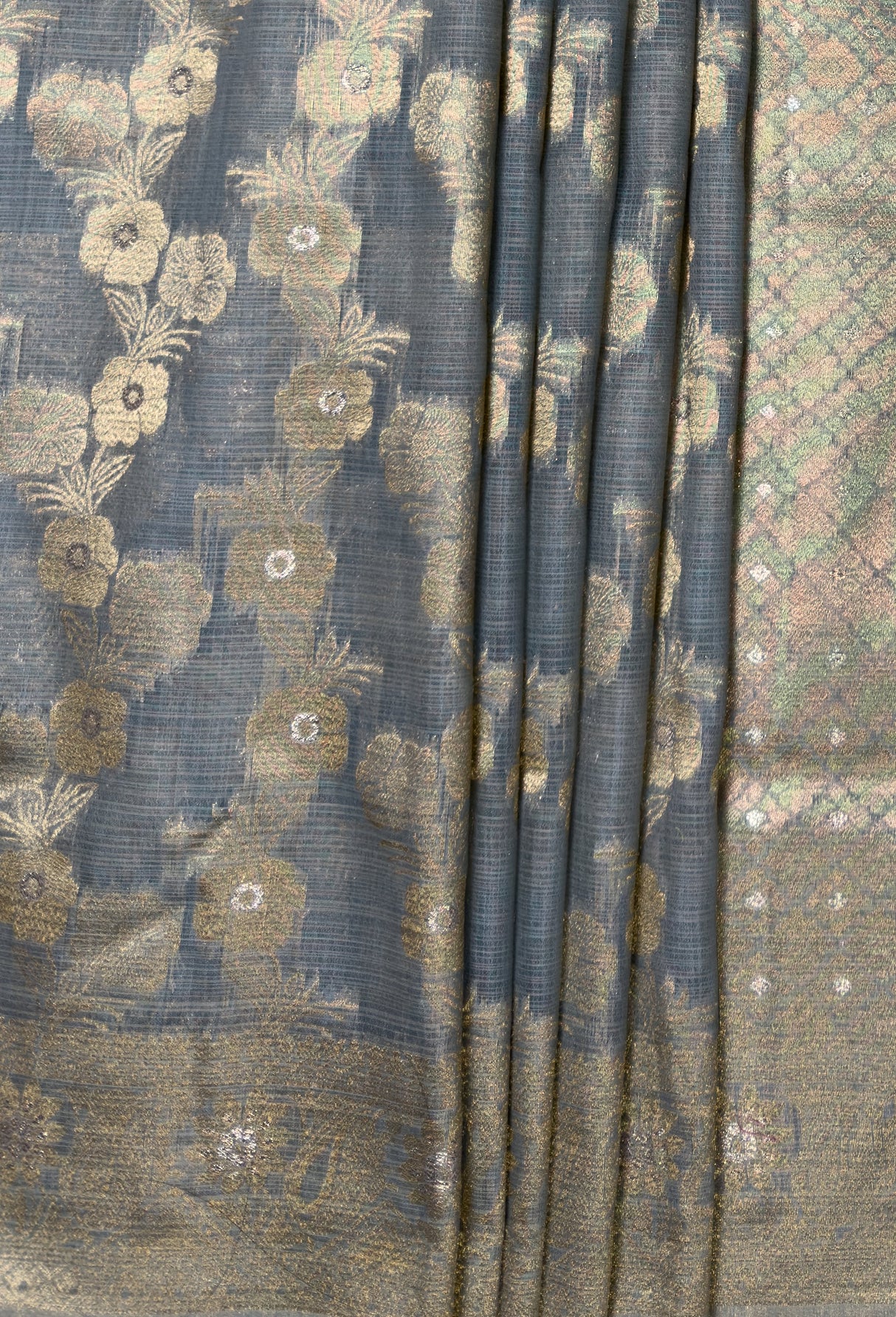 MIMOSA Grey Banarasi Linen Saree β fleets shot full lifestyle