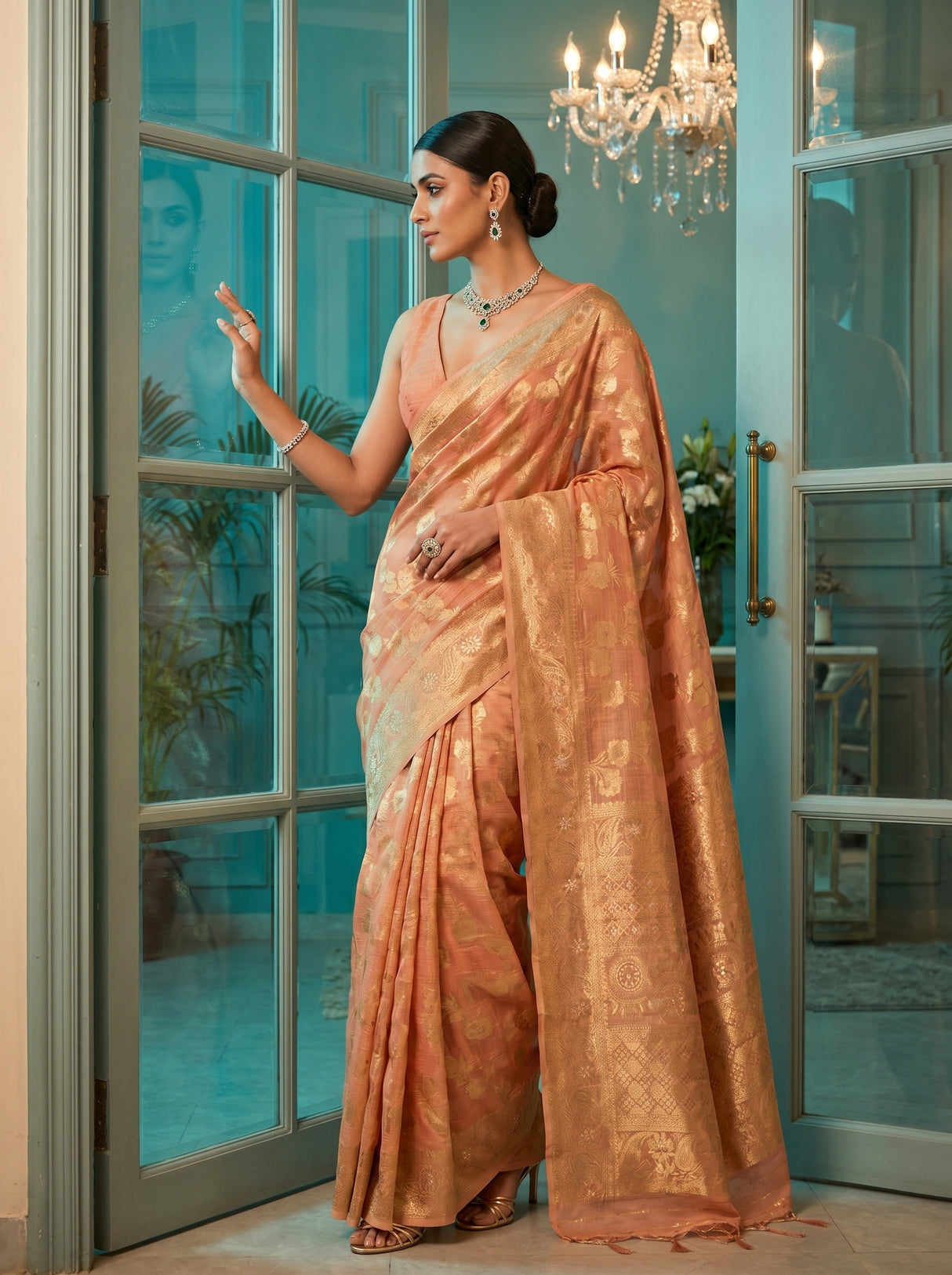 MIMOSA Peach Banarasi Linen Saree β pose 8 styling detail