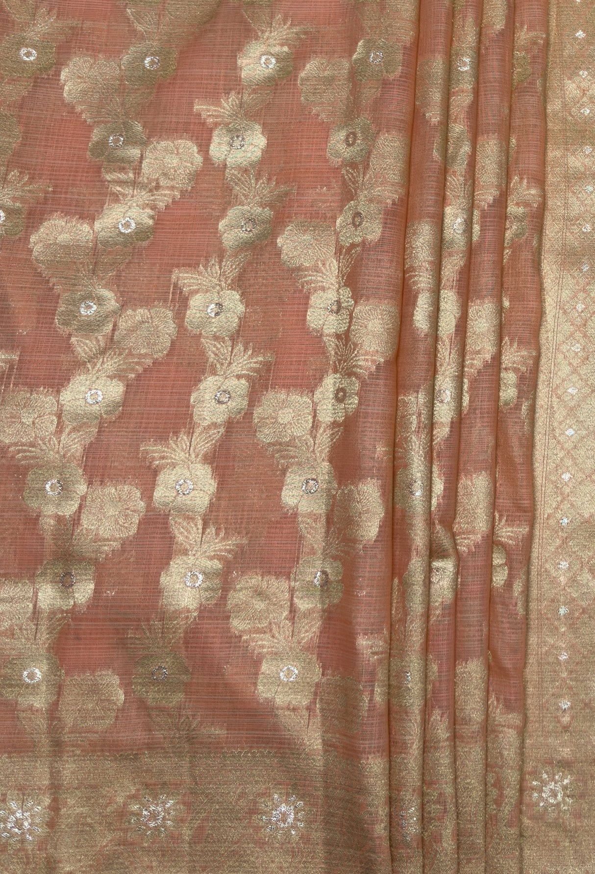 MIMOSA Peach Banarasi Linen Saree β fleets shot full lifestyle