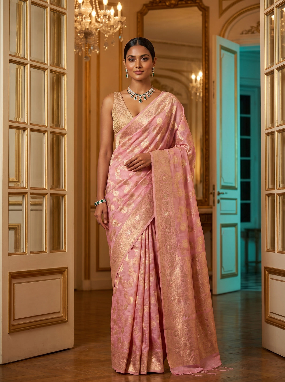 MIMOSA Pink Banarasi Linen Saree β Mannequin Draped View