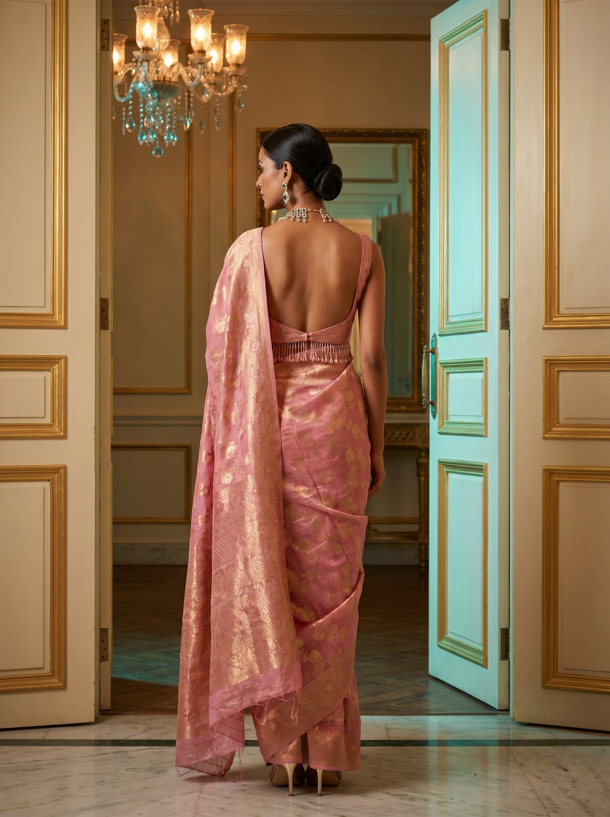 MIMOSA Pink Banarasi Linen Saree β Unstitched Blouse Fabric