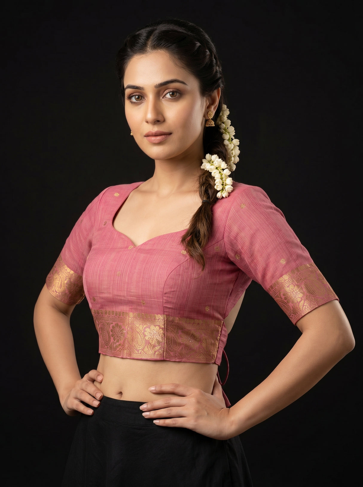 MIMOSA Pink Banarasi Linen Saree β blouse close-up