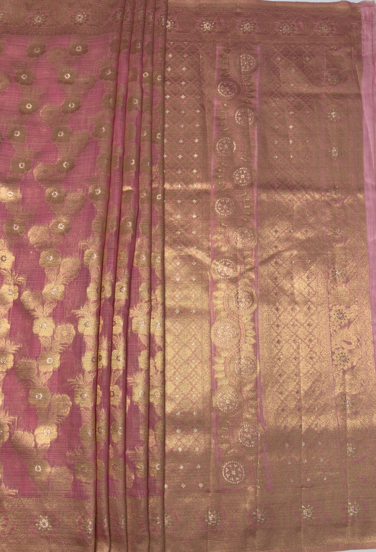 MIMOSA Pink Banarasi Linen Saree β pallu and zari work detail