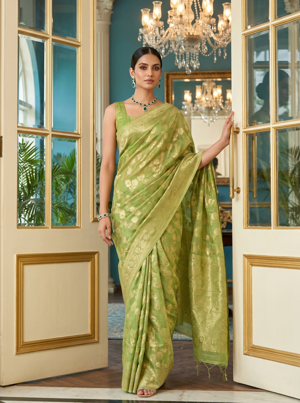 MIMOSA Pista Banarasi Linen Saree β pose 6 styling detail