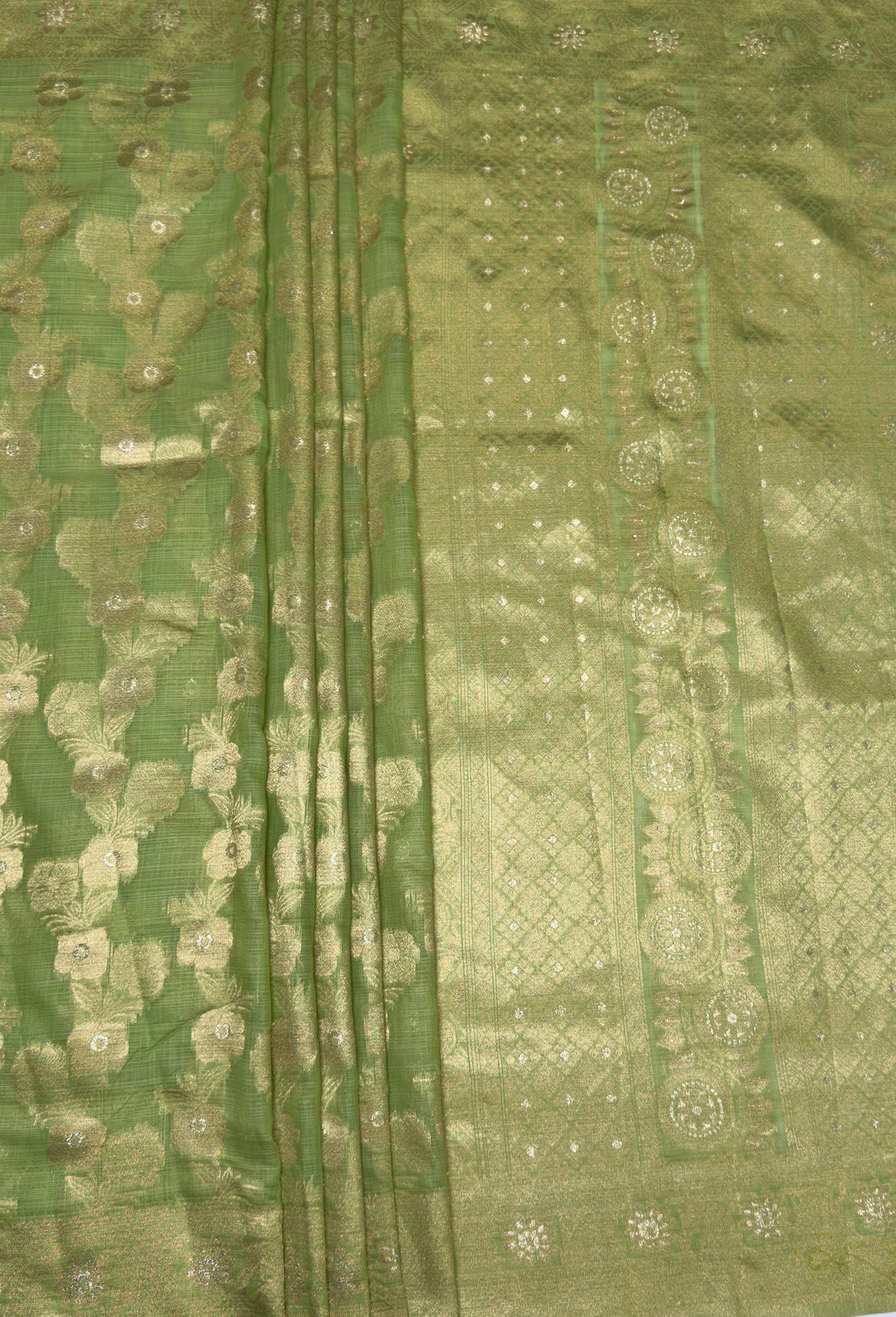 MIMOSA Pista Banarasi Linen Saree β pallu and zari work detail