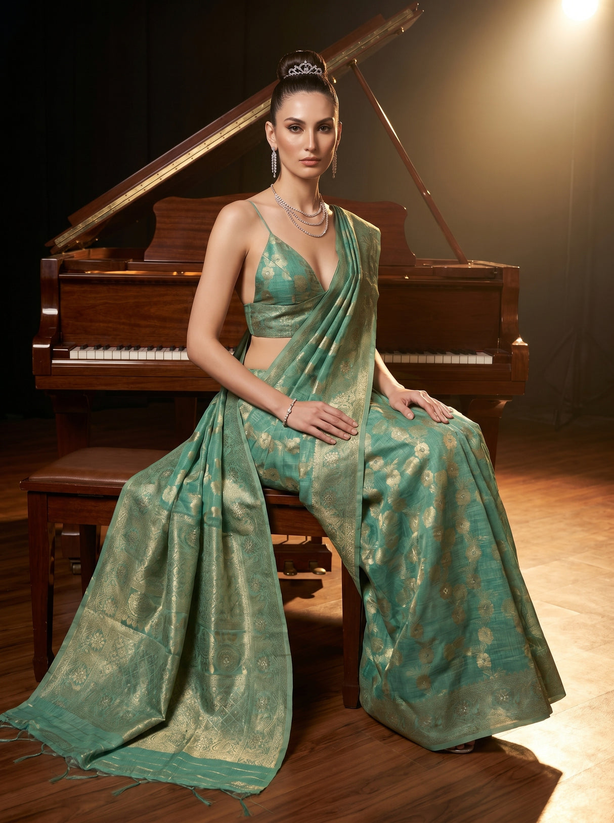 MIMOSA Rama Banarasi Linen Saree β pose 8 styling detail