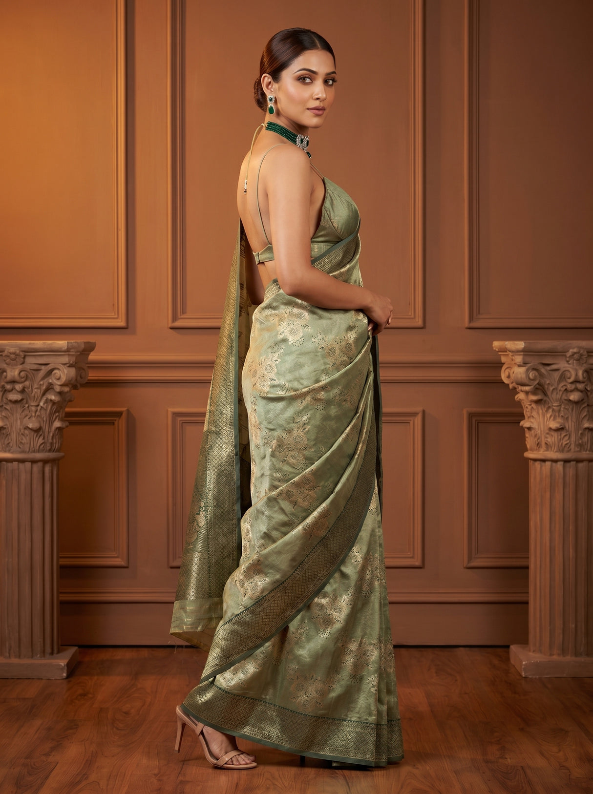 MIMOSA Green Banarasi Art Silk Saree β Fabric and Motif Detail