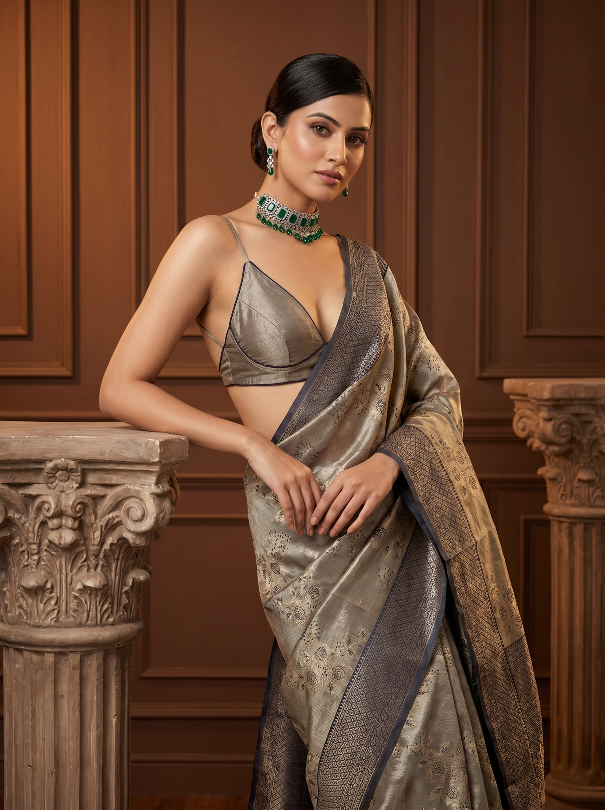 MIMOSA Navy Banarasi Art Silk Saree β Fabric and Motif Detail