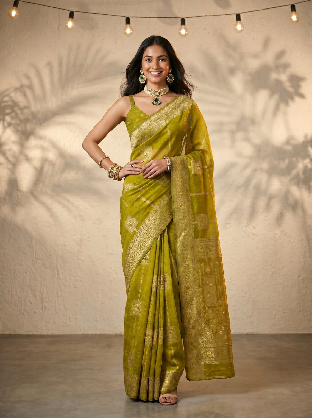 MIMOSA Olive Banarasi Art Silk Saree — pose 4 styling detail